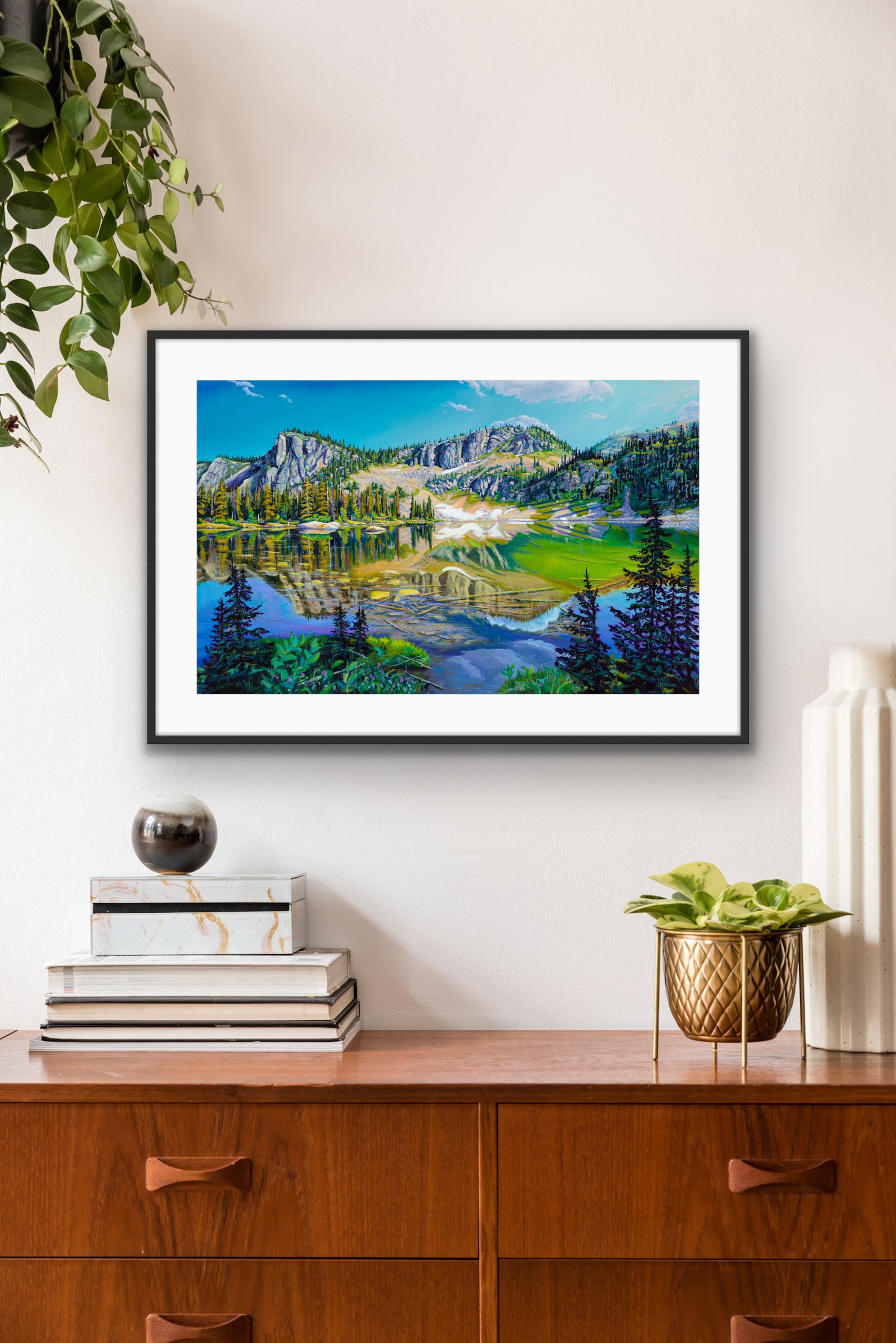 paper print of revelstoke british columbia alpine lake in Selkirk Mountains in Canada