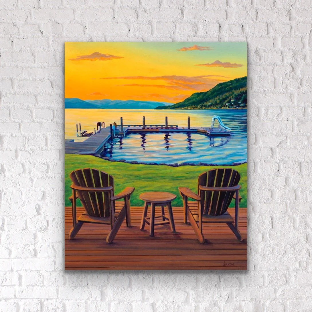 Lake Country Art Print if Camp Kerfoot in Carrs Landing near Kelowna British Columbia showing lawn chairs by the dock on Okanagan Lake at sunset