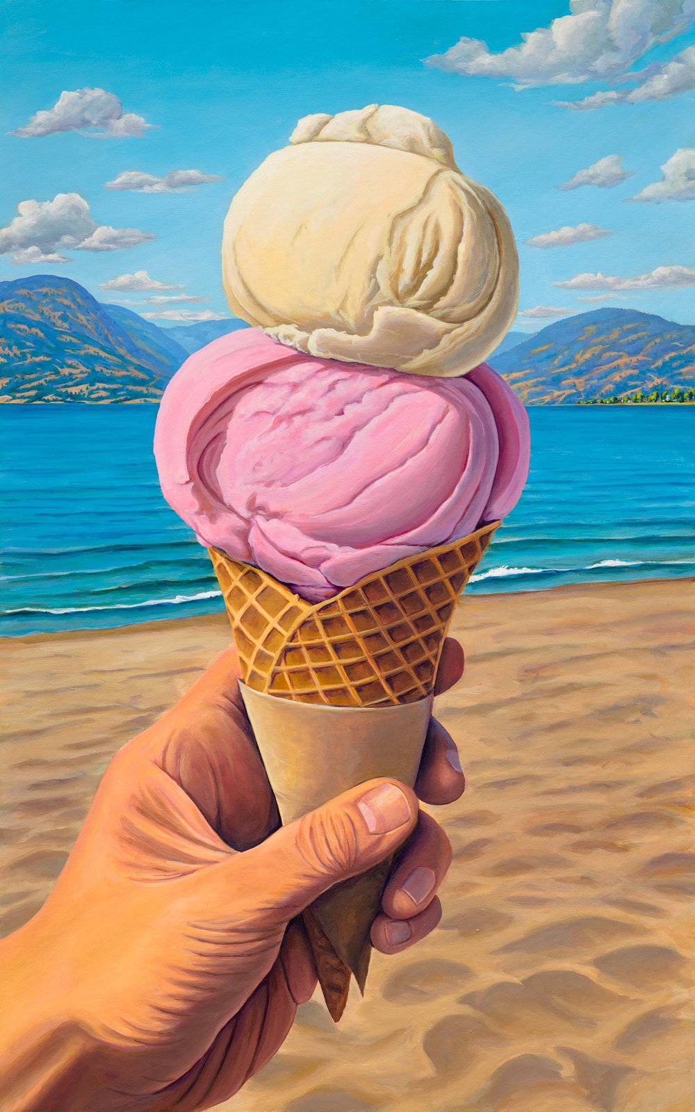 Original 30×48 acrylic painting by ​BC artist ​Jaxon Jurome (Sun Sage & Sand), featuring a double-scoop ice cream cone held against the backdrop of Okanagan Lak​e in Kelowna, BC.
