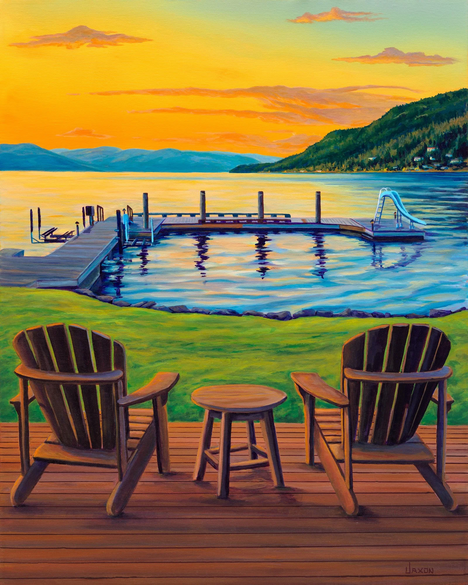 A painting titled "Camp Kerfoot" which shows a night on the dock by Okanagan Lake in Carrs Landing, Lake Country British Columbia by Kelowna Artist (Copy)