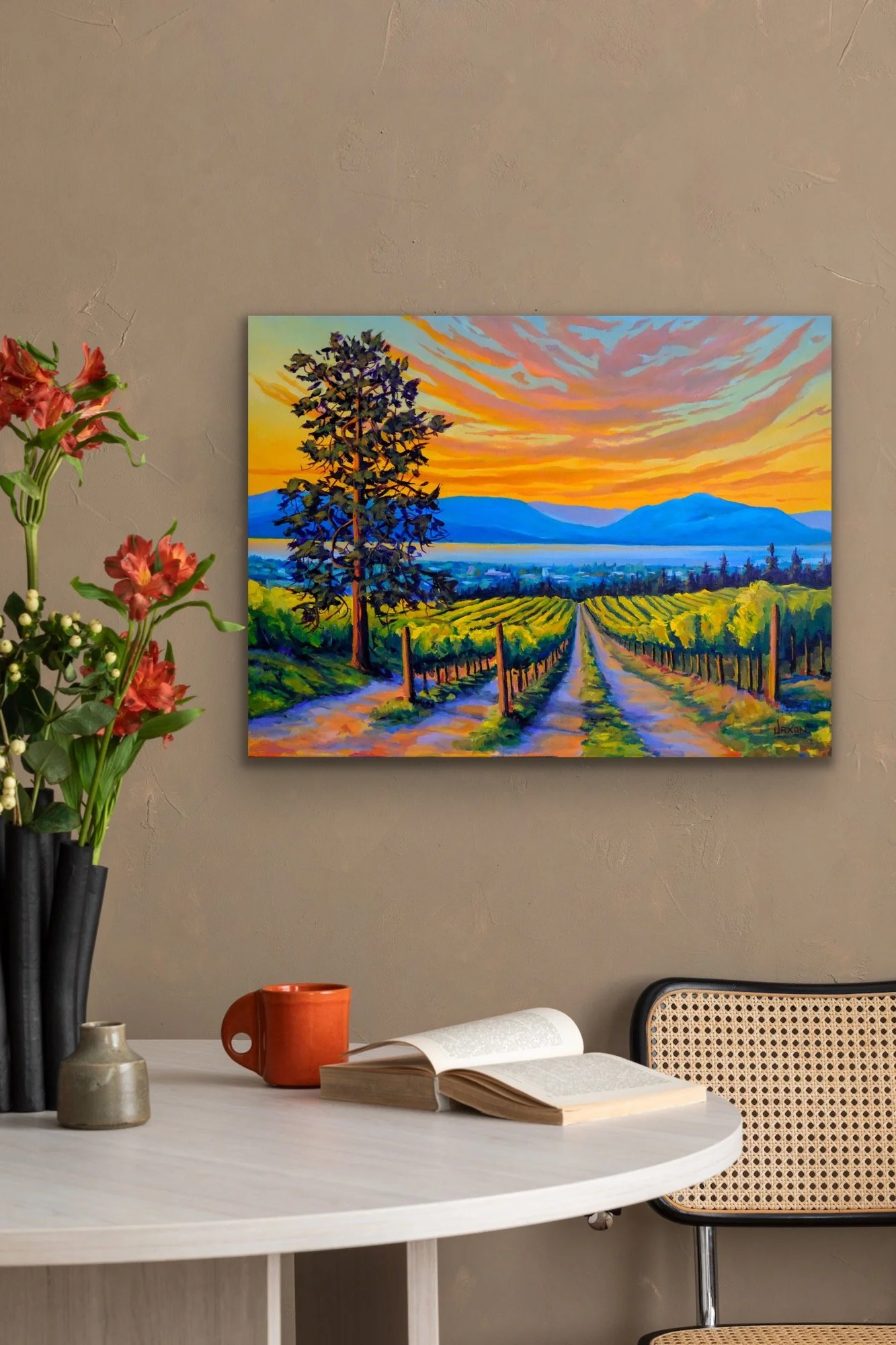 A landscape painting of a vineyard taken from Tantalus Winery overlook Okanagan Lake at sunset in kelowna BC by a BC artist