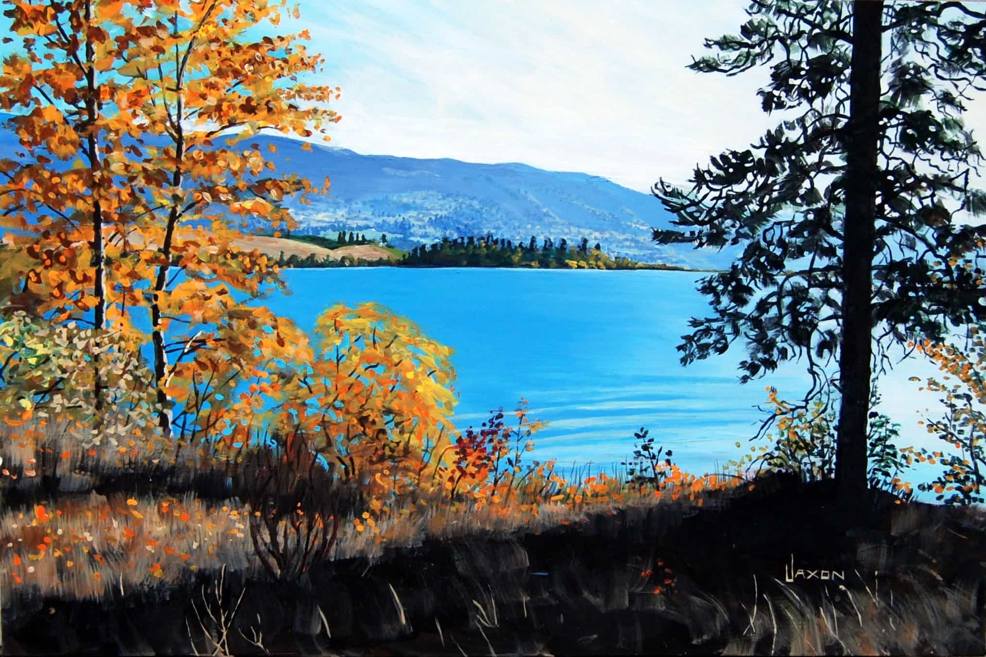 A painting of a fall day at Kalamalka Lake near Oyama in Lake Country British Columbia Canada by Kelowna Artist Jaxon Jurome