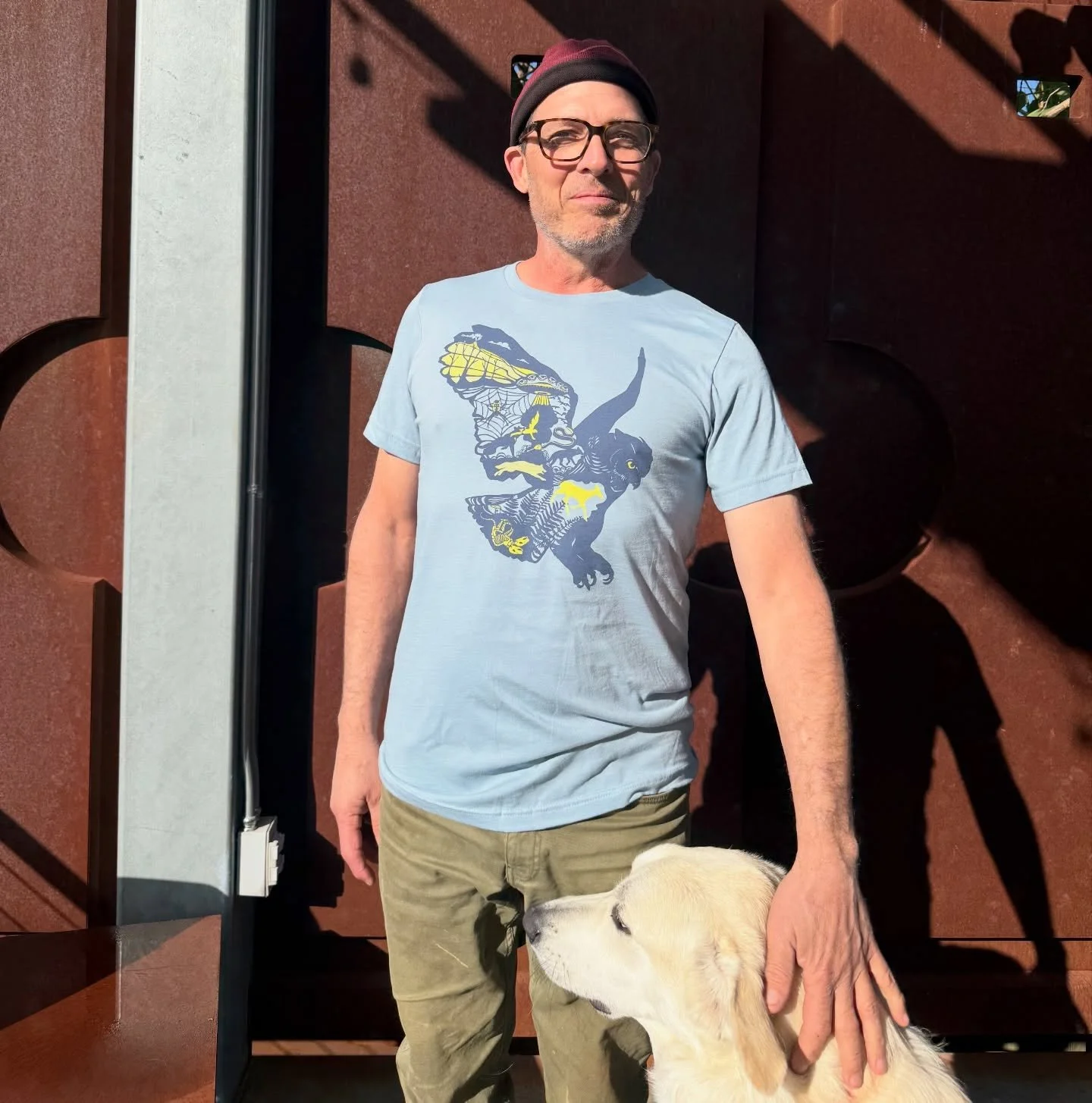 Incoming Dystopia owl tshirts available! 
A good dog dad&rsquo;s day gift (or Father&rsquo;s Day!)
Or friend day or gal day or everyday 

Perfect soft summer tshirt (minus the knit cap obv)