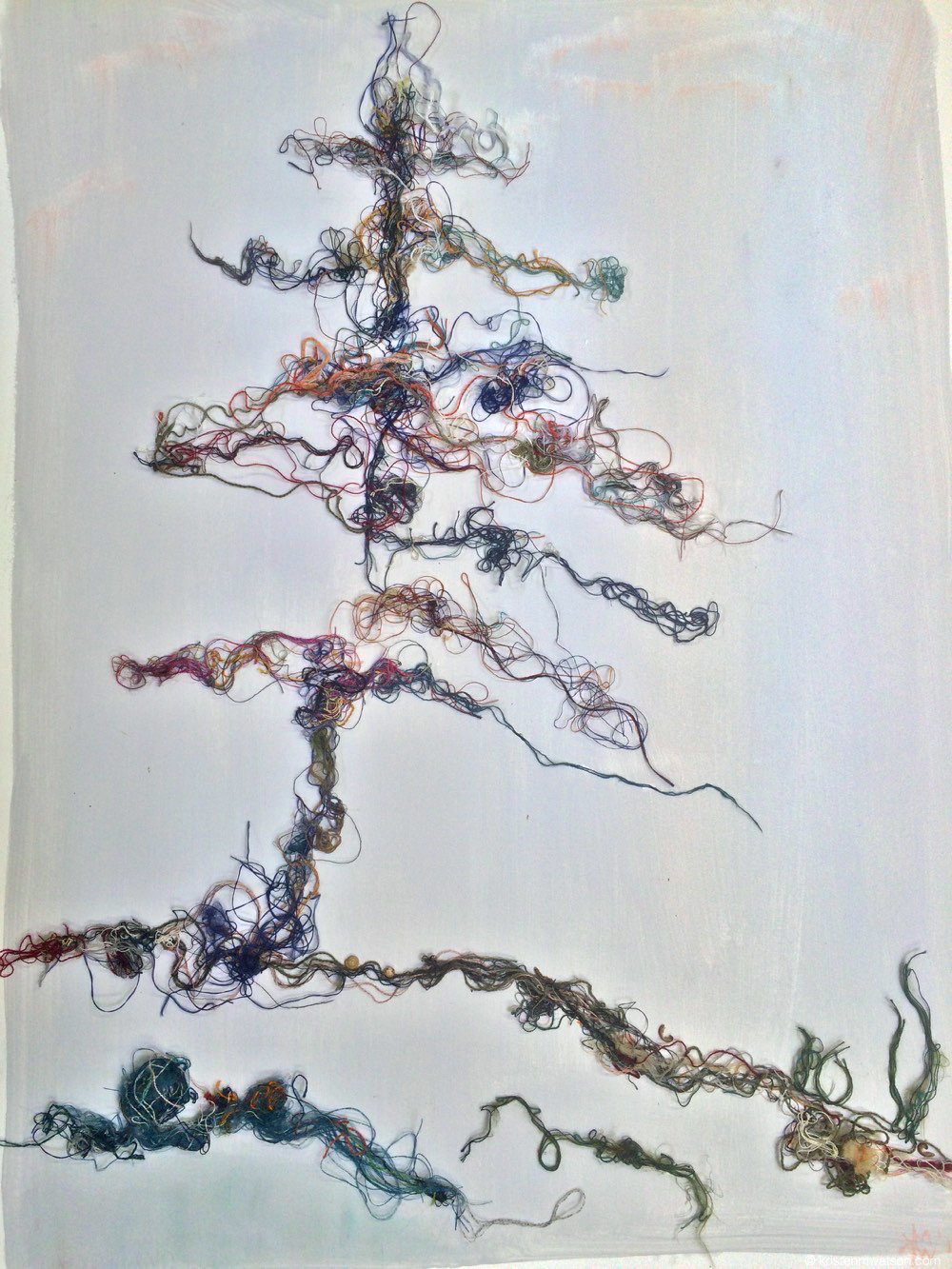 Untitled, 24x36 in. found thread scraps, centipede and snail remains, acrylic and pastel on paper. ©2015 kristen m. watson