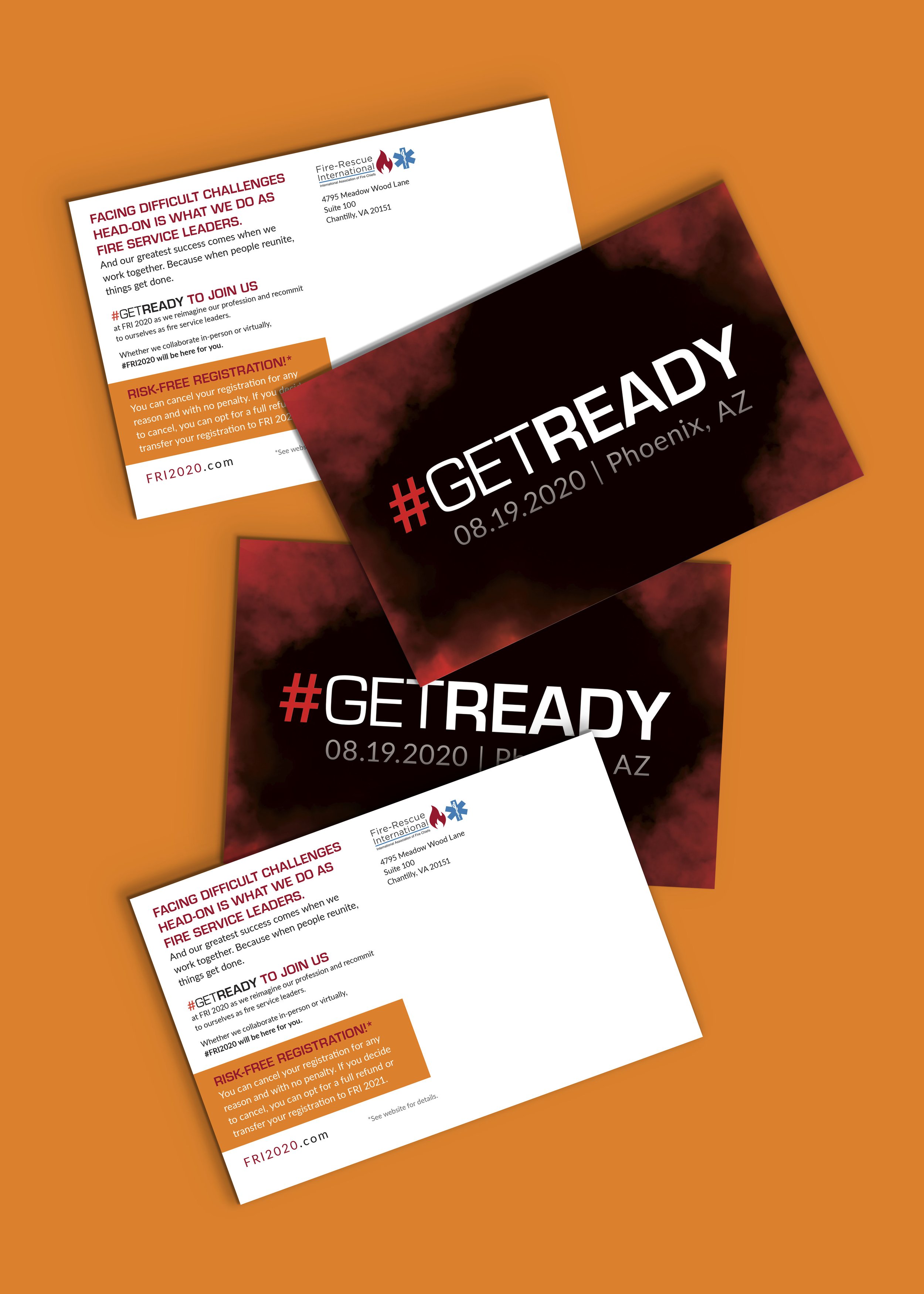 6x9 postcard with red, black, and white color. #getready headline