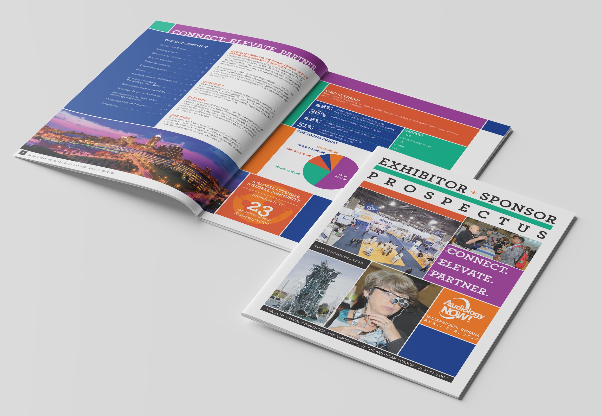 AudiologyNOW! 2017 Exhibitor and Sponsor Prospectus booklet cover and one interior page sample.
