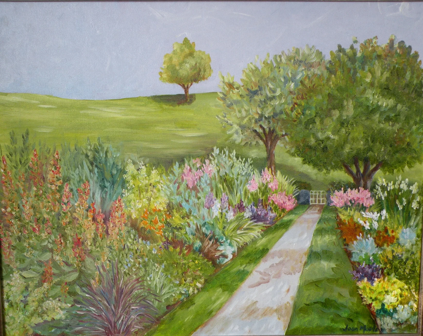 Oil painting of an Irish garden.  There's a path that takes you past colorful flowers to a gate beyond.