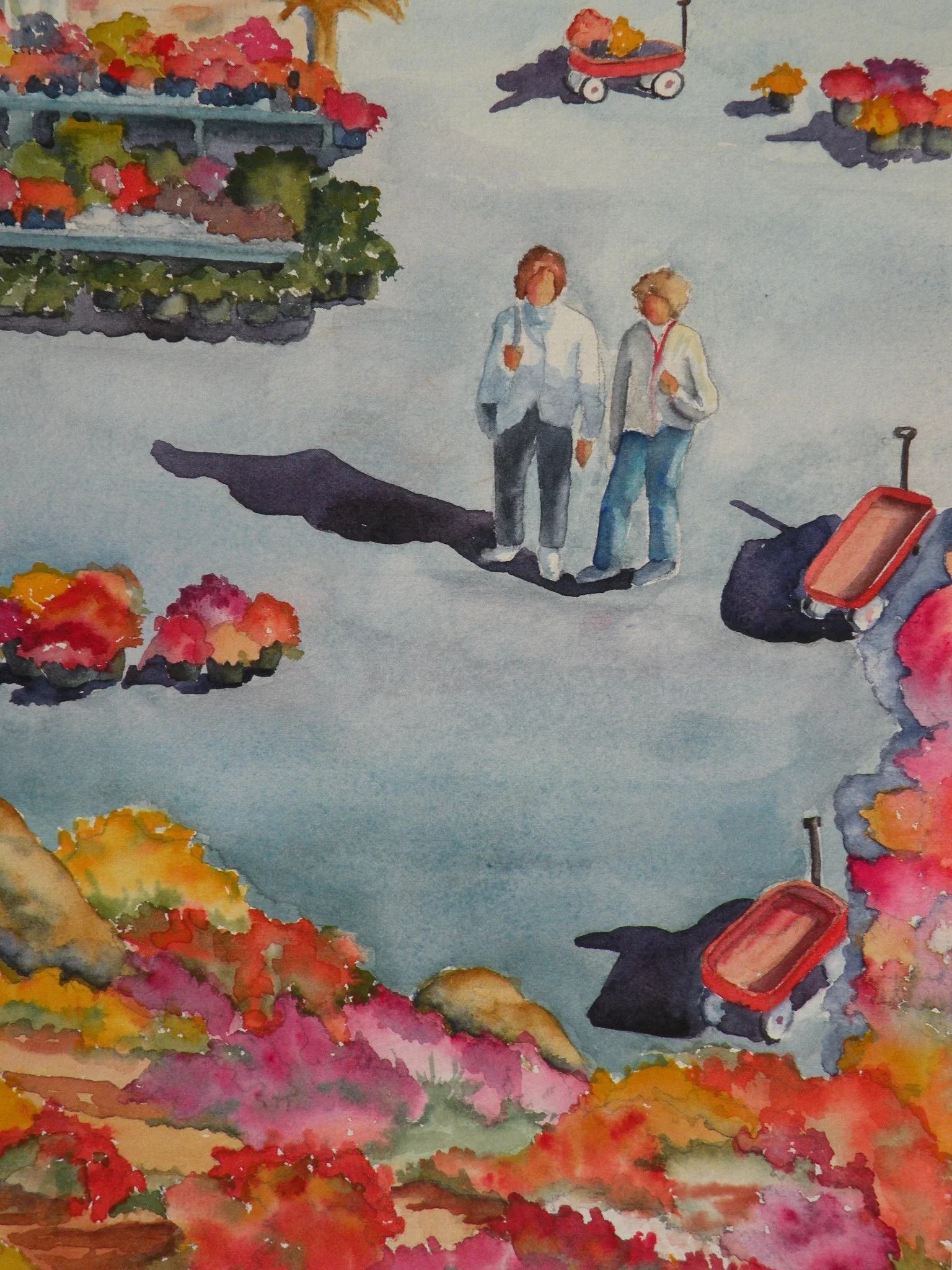 Autumn Day- Watercolor of two people among many mums.