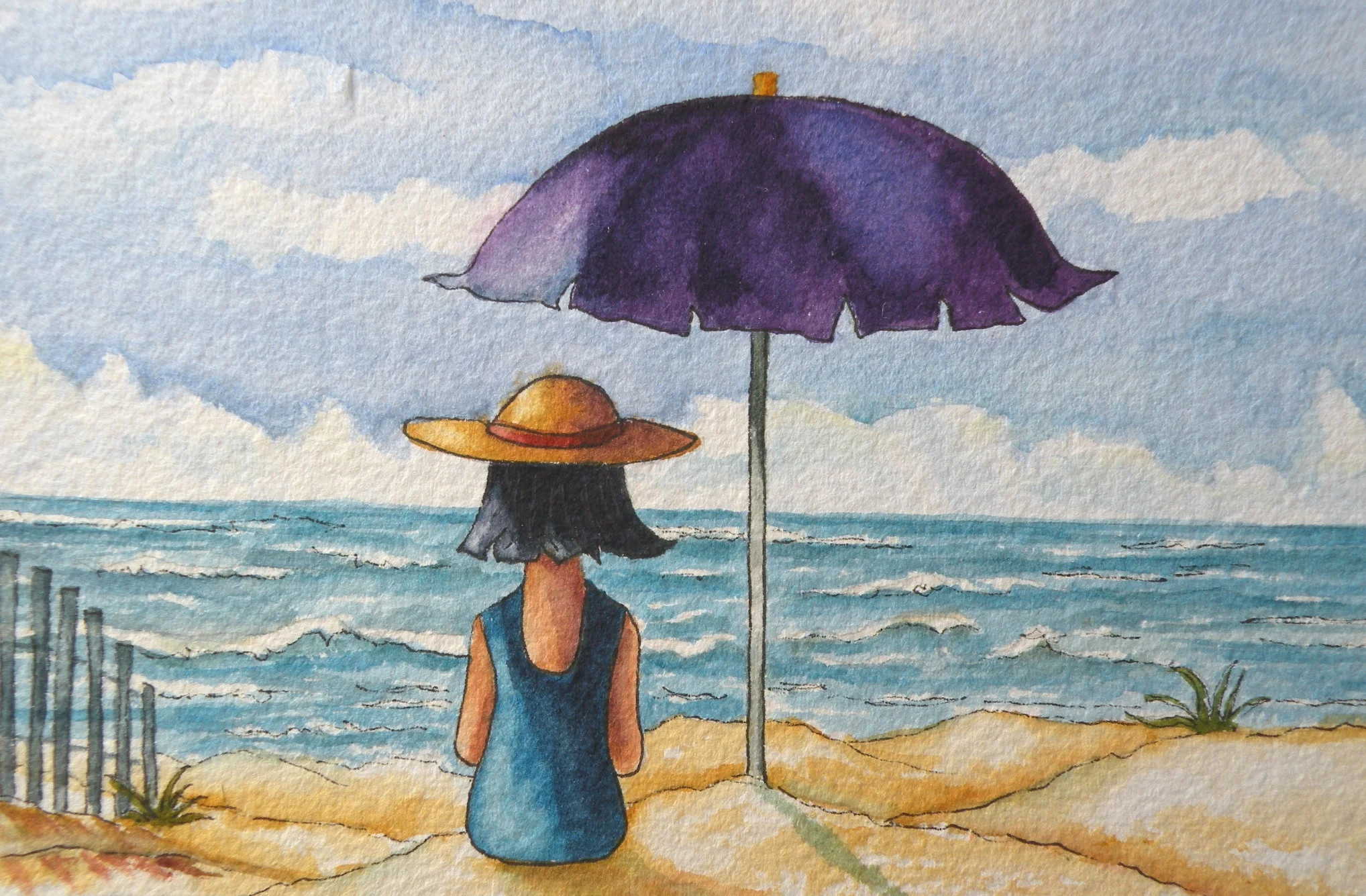Watercolor of girl sitting at beach in quiet meditation