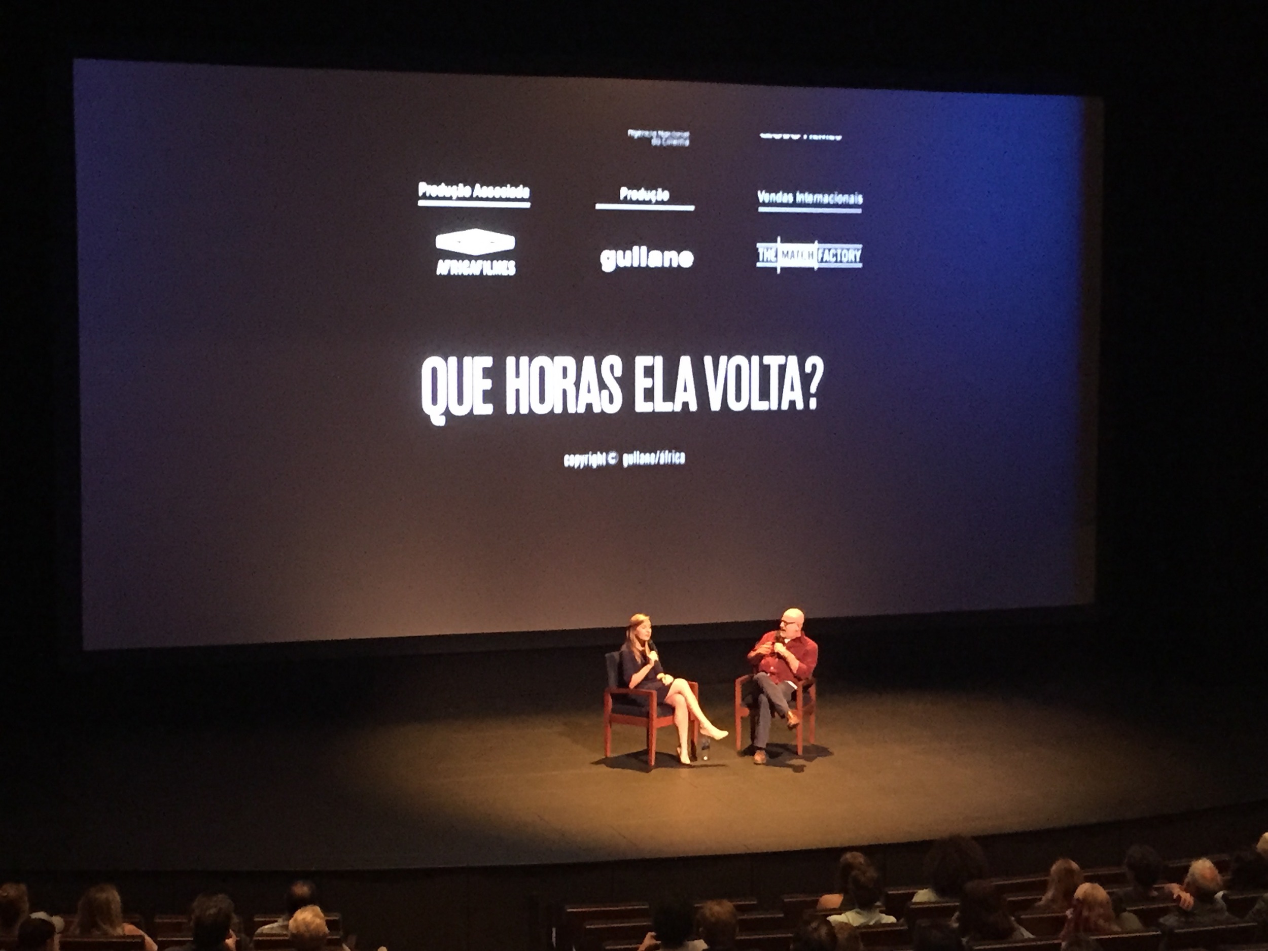 Speaking about the politics of household work in South America at KRCW's First Take screening of " The Second Mother (Que Horas Ela Volta?)" at the Wallis Annenberg Center for the Performing Arts in Los Angeles, California.