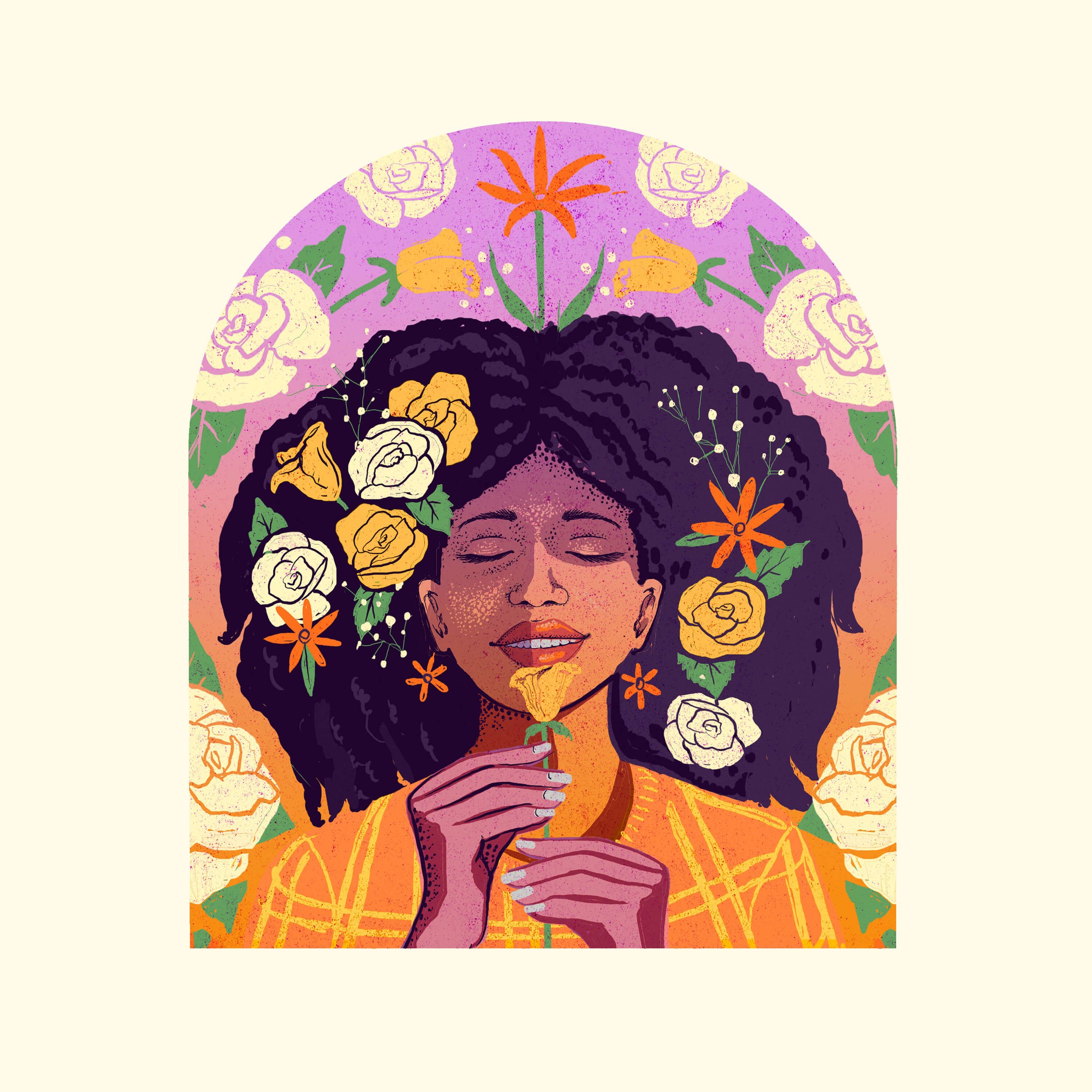  Colourful, vintage portrait of black woman with flowers, illustrated in lilac, orange and yellow with textures. 