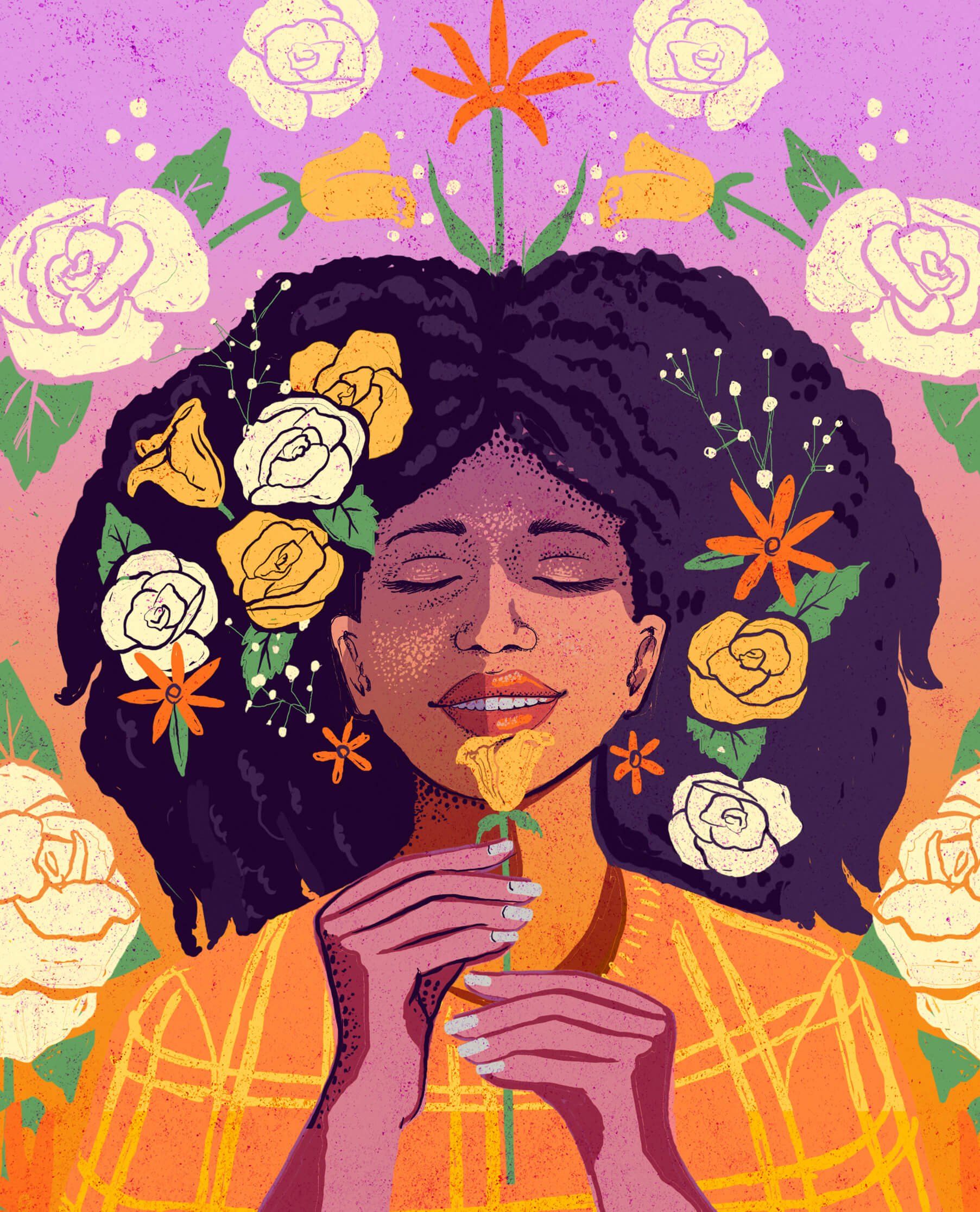  Colourful, vintage portrait of black woman with flowers, illustrated in lilac, orange and yellow with textures. 