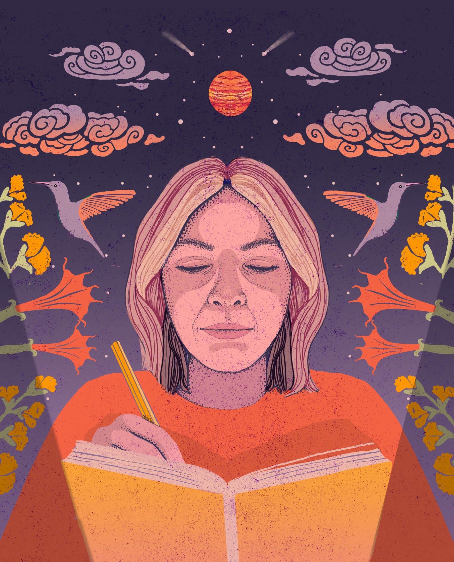  Portrait illustration of illustrator, Lisa Maltby, with symmetry and pattern in the background. The portrait art has a vintage feel with textures and warm colour. 