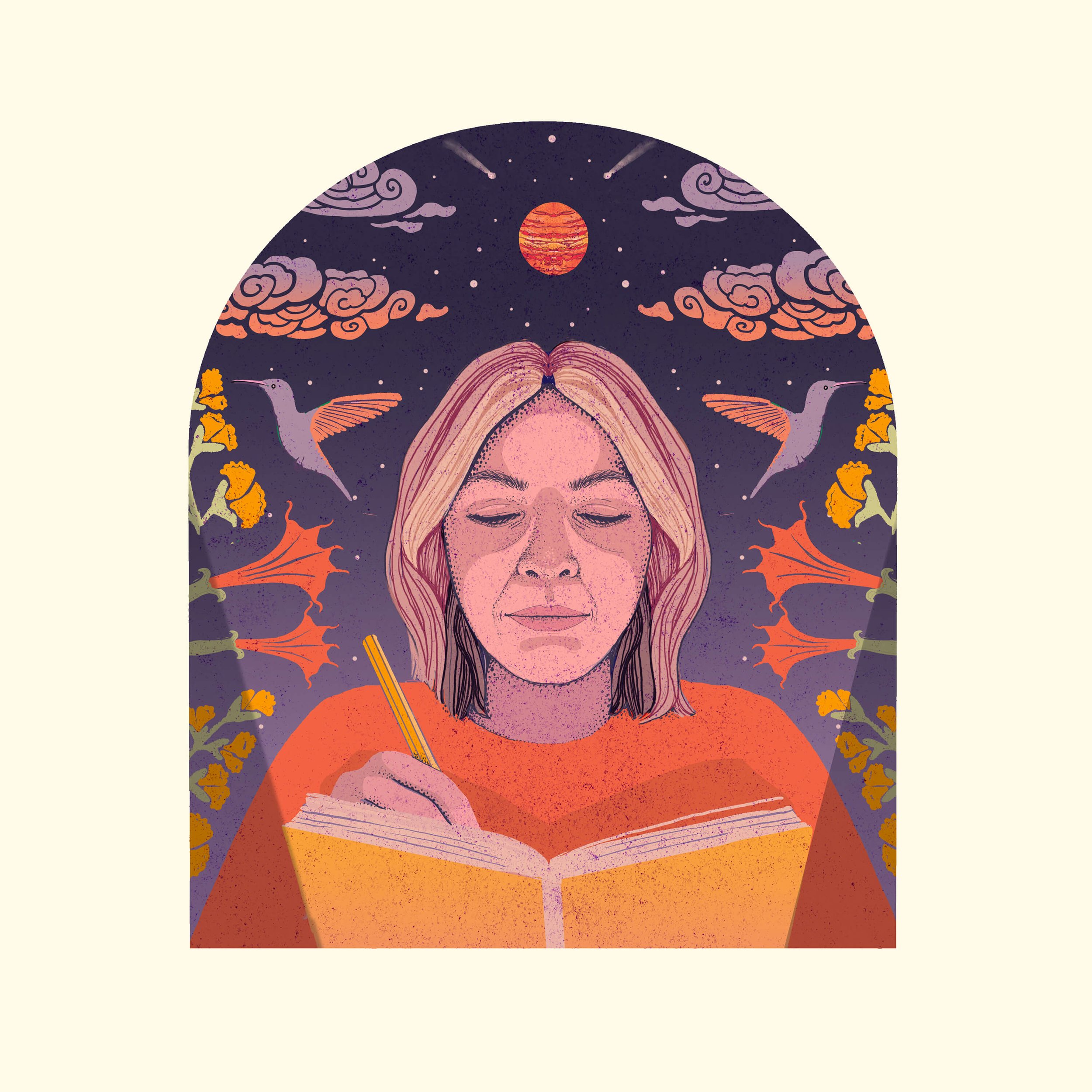  Portrait illustration of illustrator, Lisa Maltby, with symmetry and pattern in the background. The portrait art has a vintage feel with textures and warm colour. 
