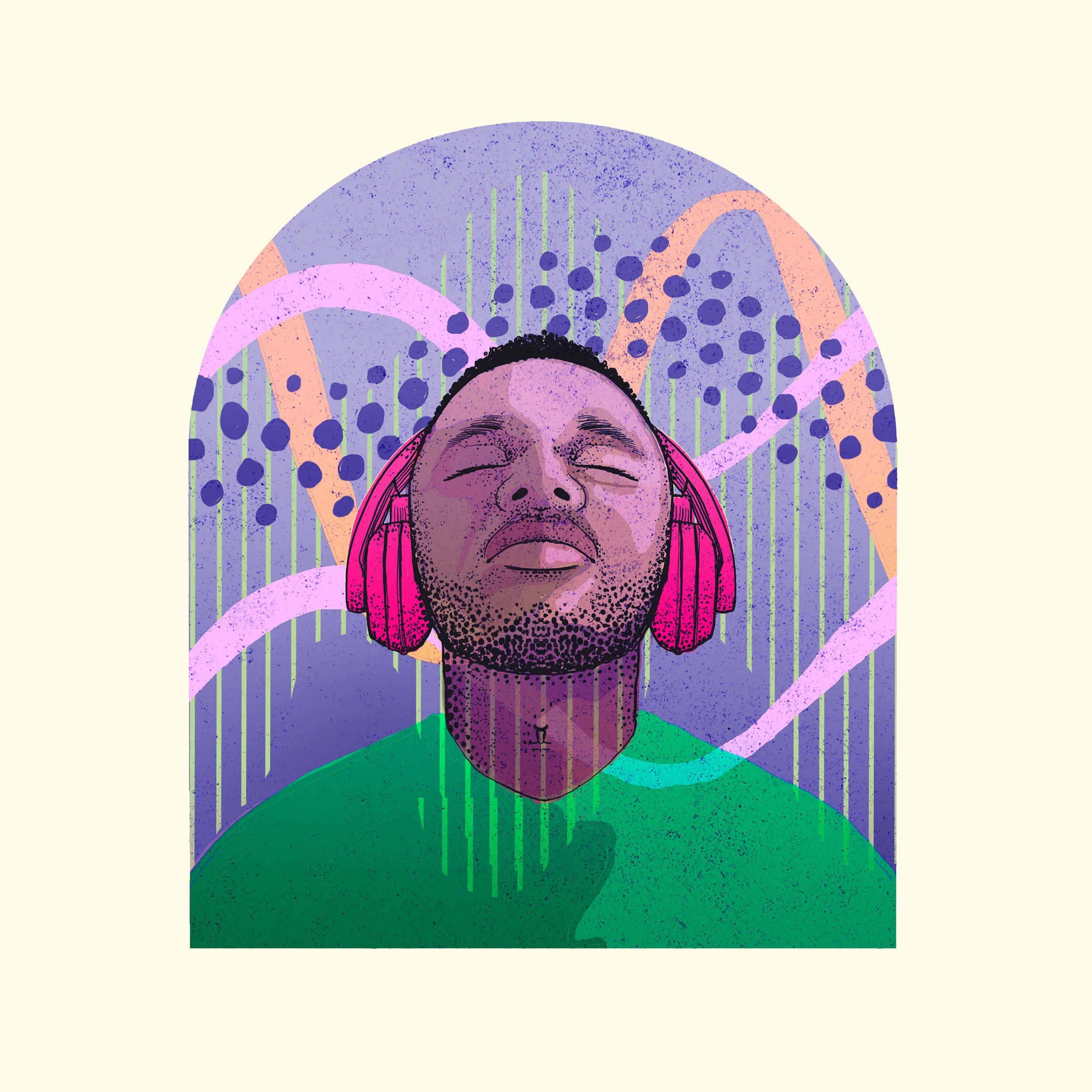  Colourful portrait illustration of black man with headphones on with textures and shapes 