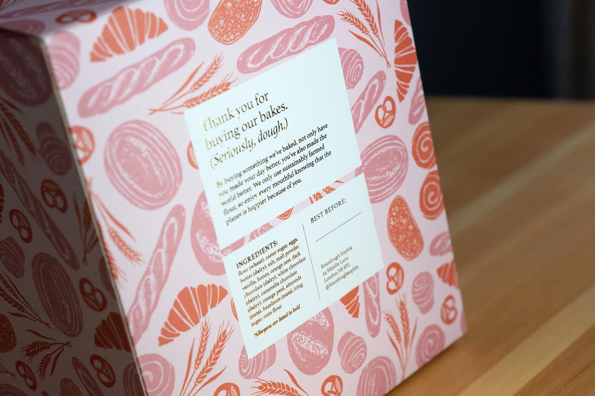  Pattern illustration for packaging for a bakery in pinks and orange with a hand drawn and textured feel. 