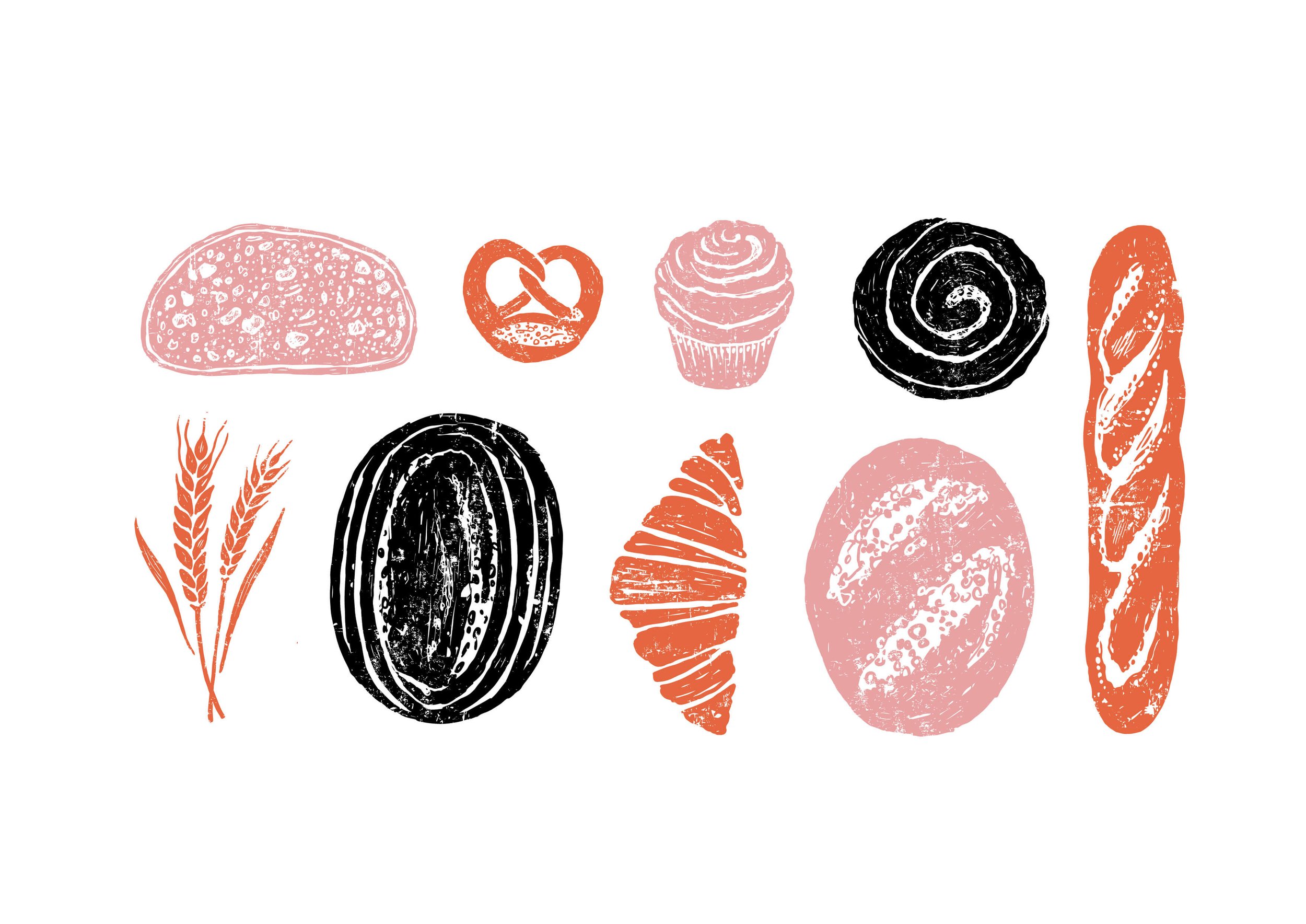  Individual spot illustrations of bread and bakes with a hand printed feel. The illustrations are in pink, orange and black. 