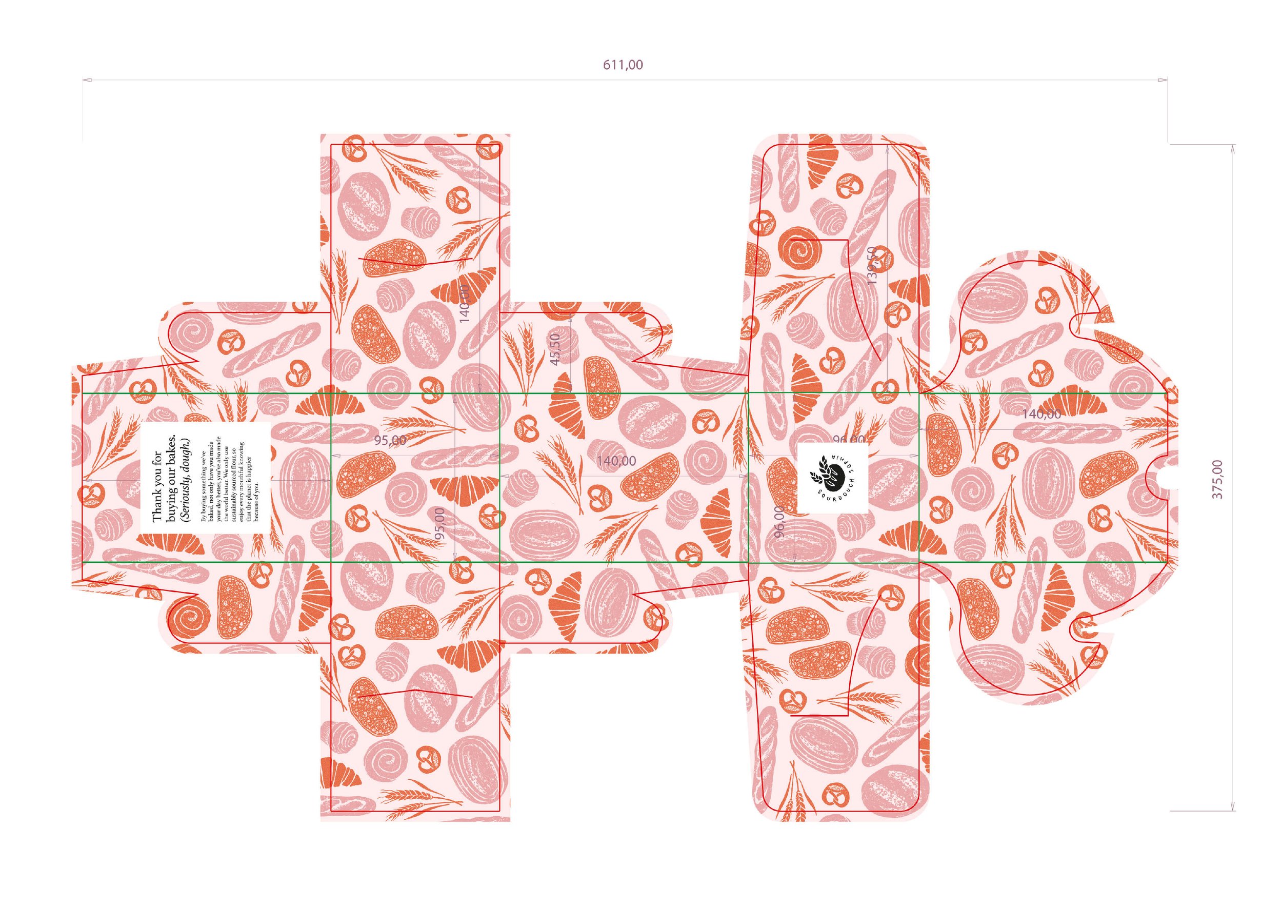  Pattern illustration for packaging for a bakery in pinks and orange with a hand drawn and textured feel. 