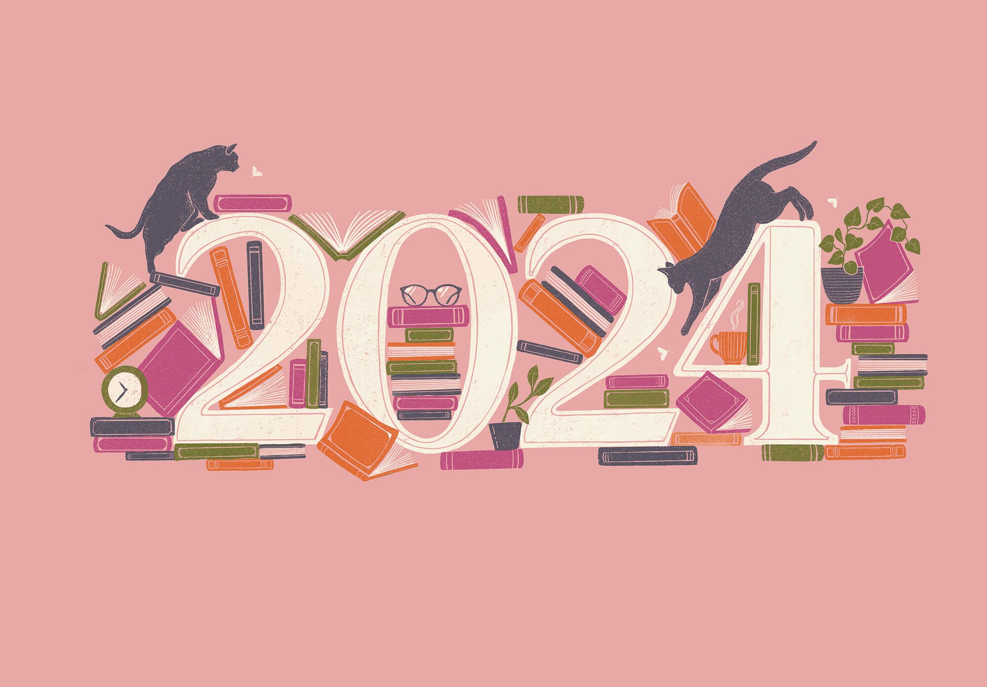  Illustrated numbers of ‘2024’ surrounded by cats, plants and books. Cream numbers on a pink background.  