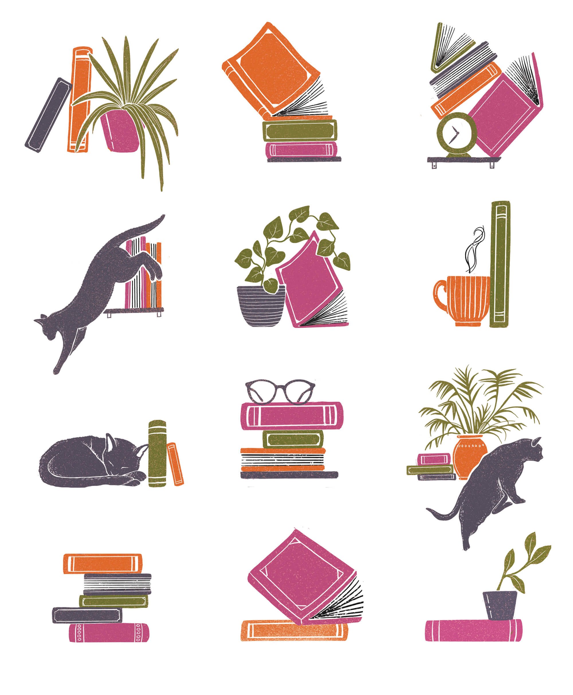  Editorial illustrations created for The Guardian. Spot illustrations of cats, plants and books with a printed texture in pinks oranges and greens. 