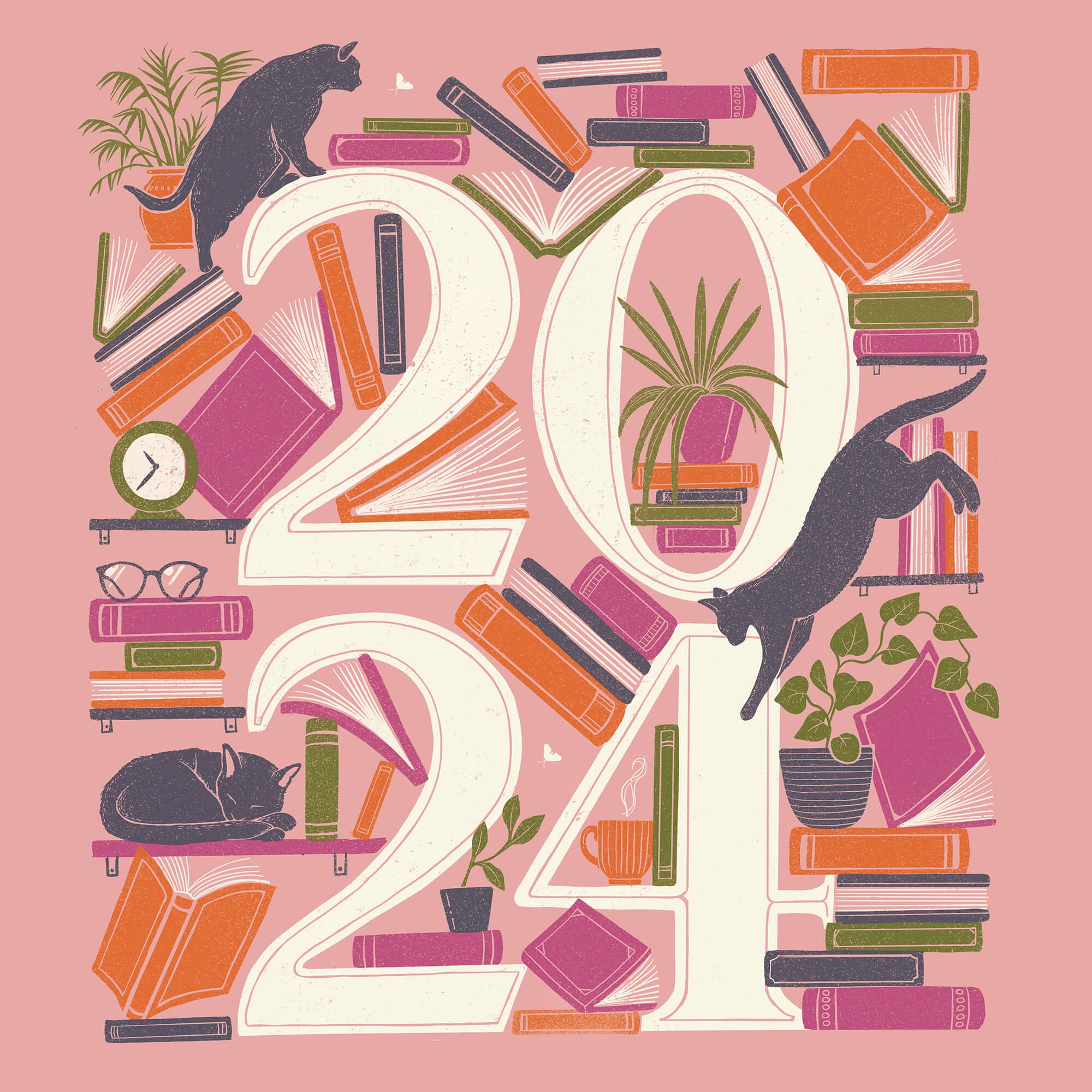  Editorial illustration created for The Guardian. The illustration incorporates hand-drawn lettering of numbers for the year ‘2024’. and illustrations in pinks oranges and greens, with a printed texture and features cats, plants and books. 