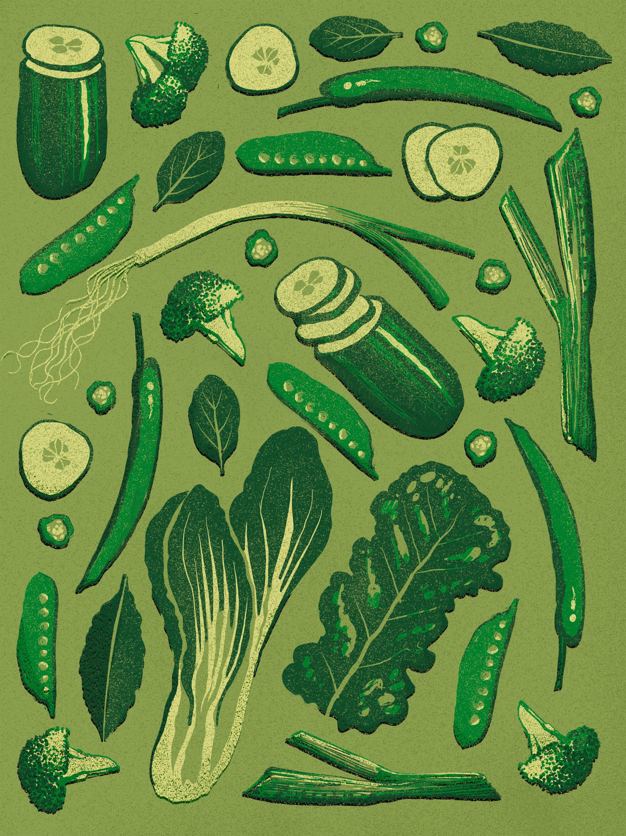  Food illustration of spring greens and vegetables with a hand drawn and hand printed texture. 