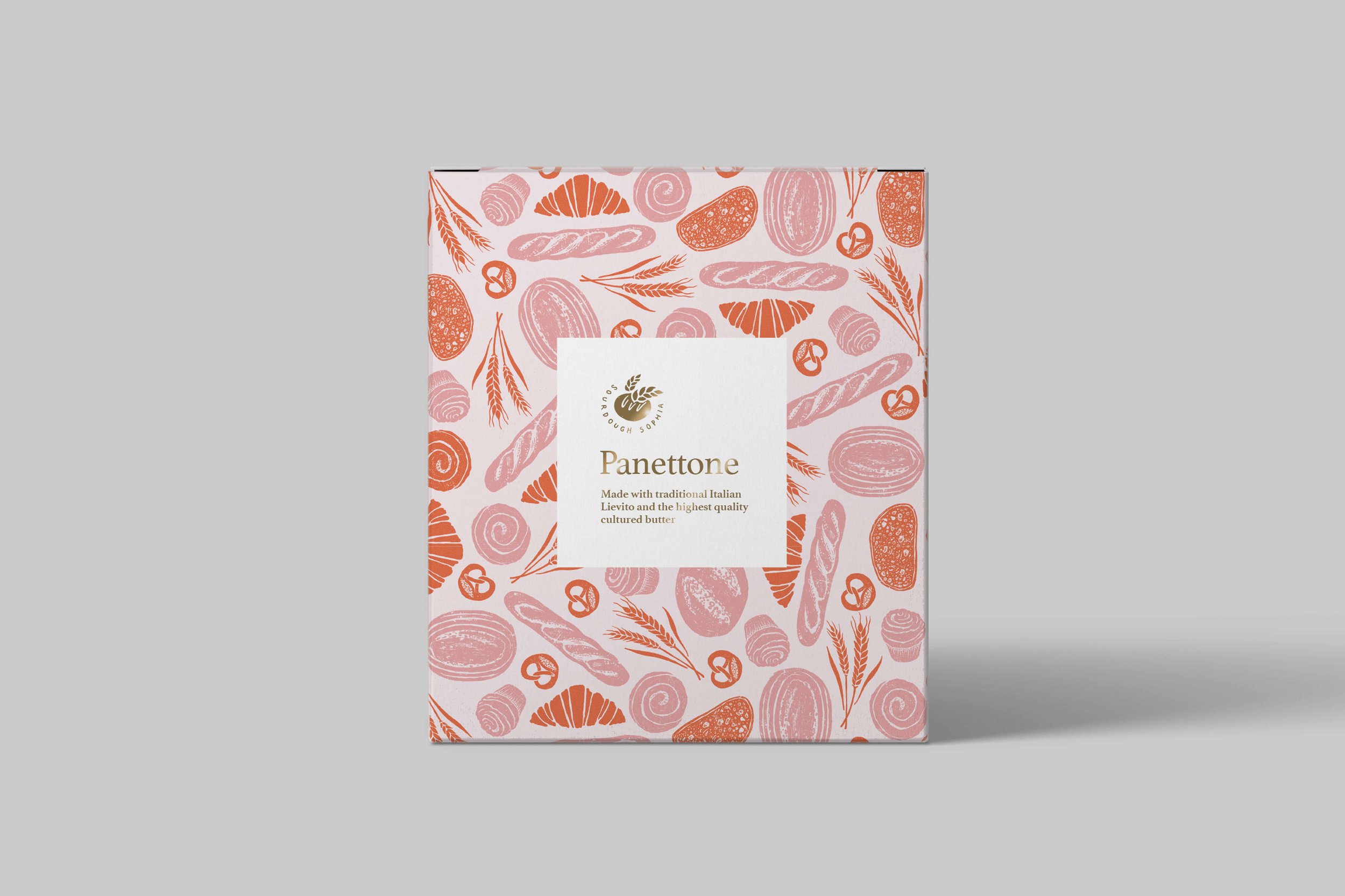  Pattern illustration for packaging for a bakery in pinks and orange with a hand drawn and textured feel. 
