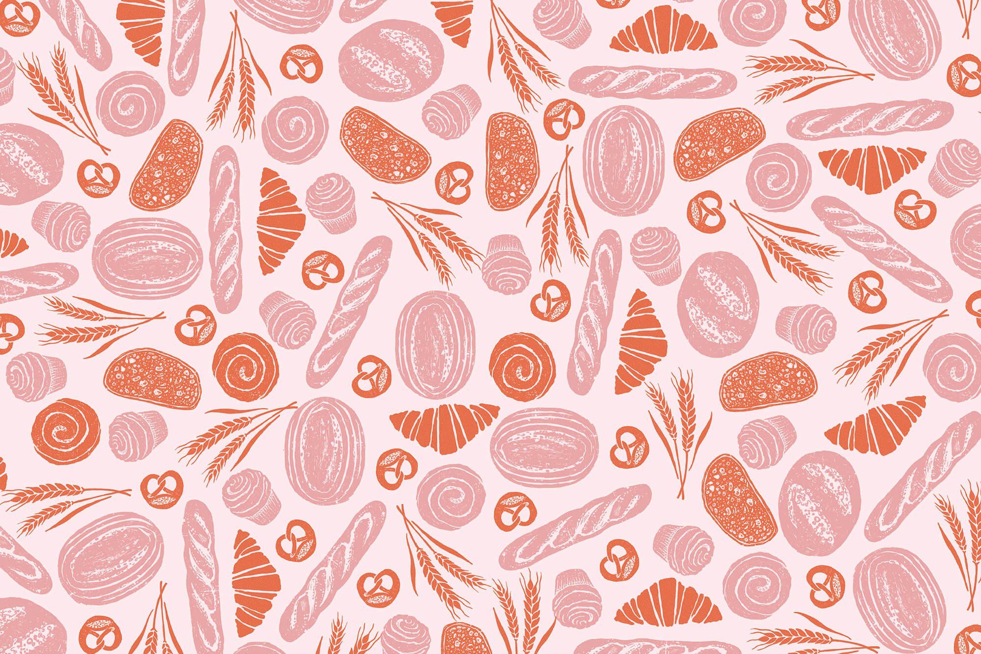  Pattern illustration for packaging for a bakery in pinks and orange with a hand drawn and textured feel. 