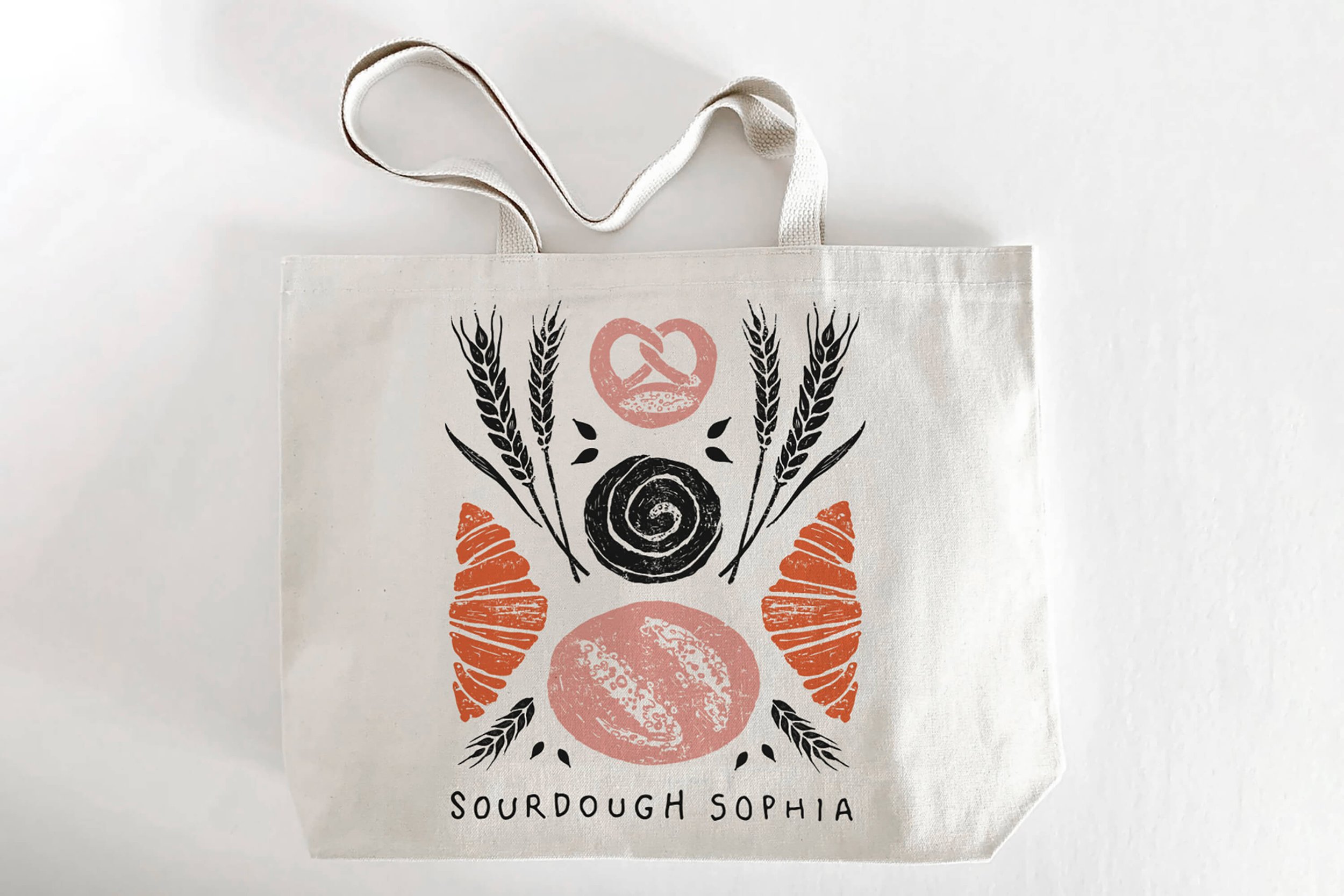  hand printed illustration for a tote bag design in pink, orange and black. 