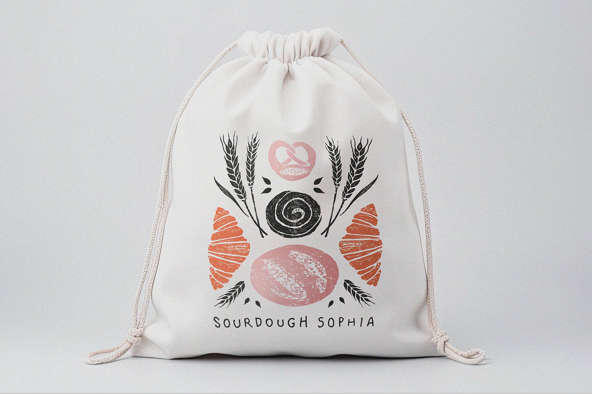  illustrations or a bread bag design in a traditional hand printed feel. 