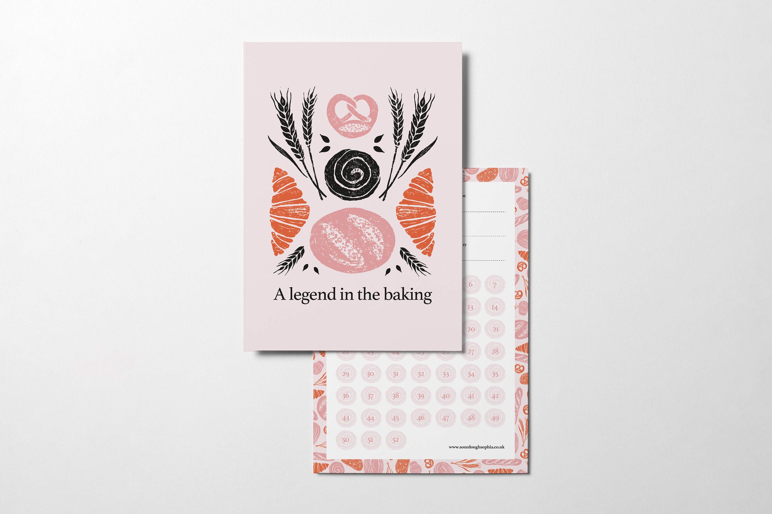  Illustrated postcard design to advertise a sourdough bakery. The illustrations are hand printed in black, orange and pink. 