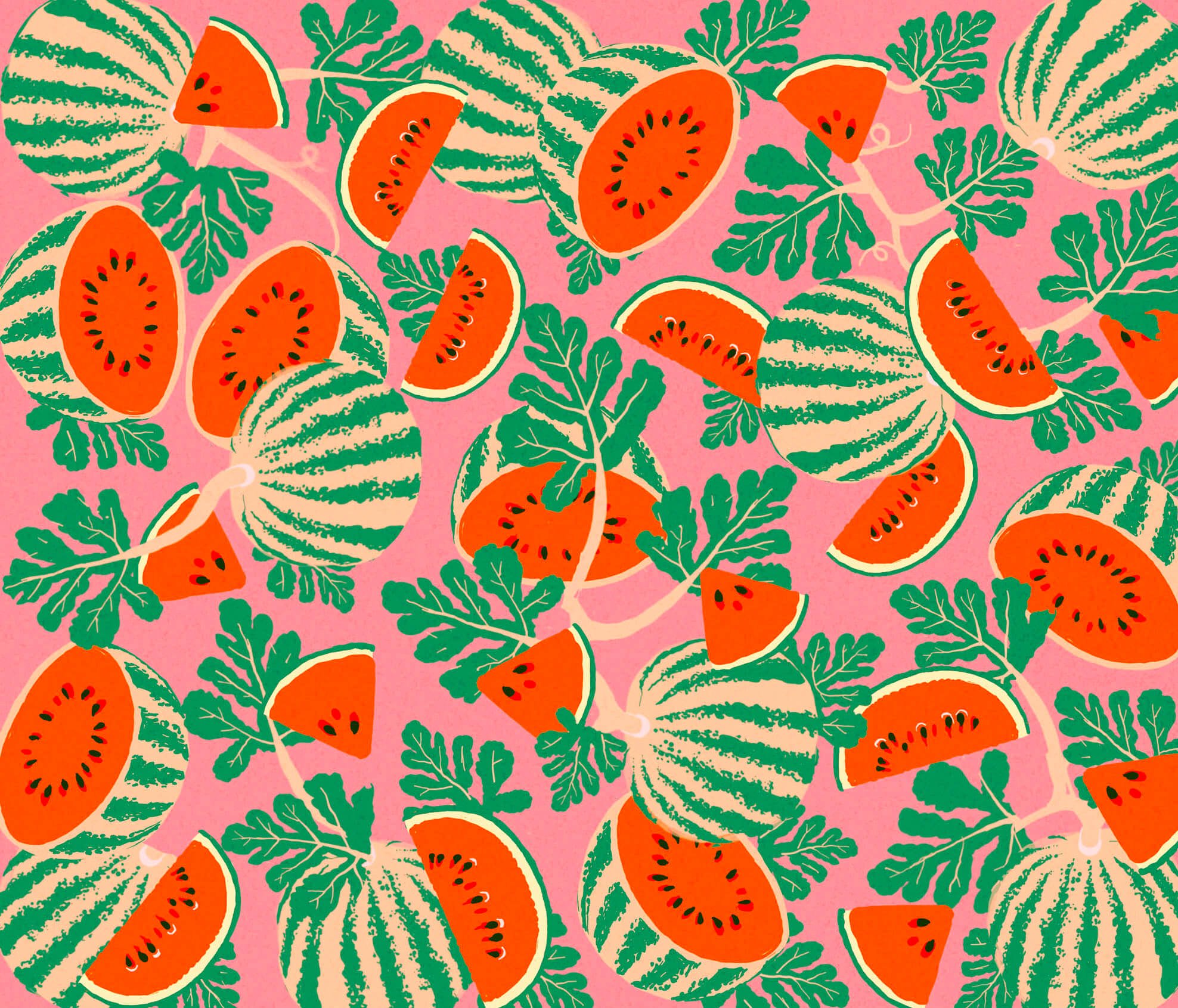  Colourful illustration of watermelons designed to form a pattern. The pattern has a printed texture and in pink, orange and green bold colours.  