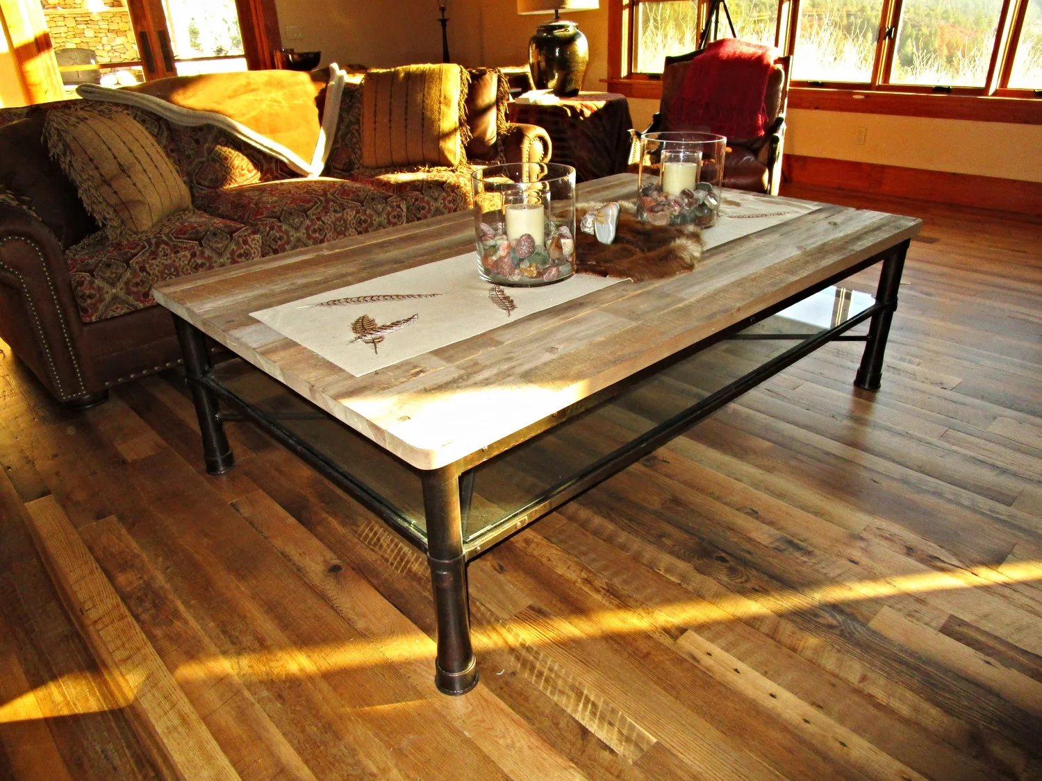 RECLAIMED BARNWOOD, STEEL &amp; GLASS COFFEE TABLE