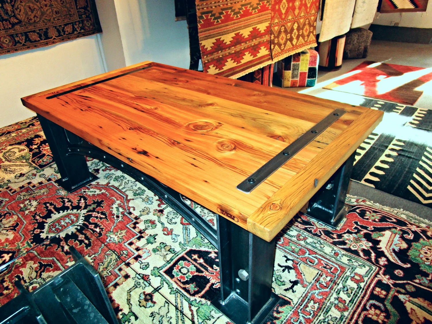 BRIDGE SERIES - RECLAIMED BARNWOOD WITH STEEL BANDS &amp; STEEL BASE COFFEE TABLE