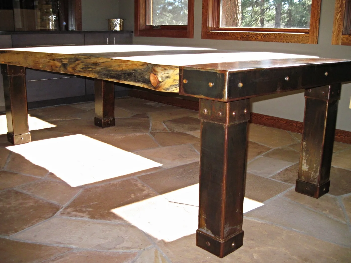 RECLAIMED RAW EDGE PINE DINING TABLE WITH STEEL BASE