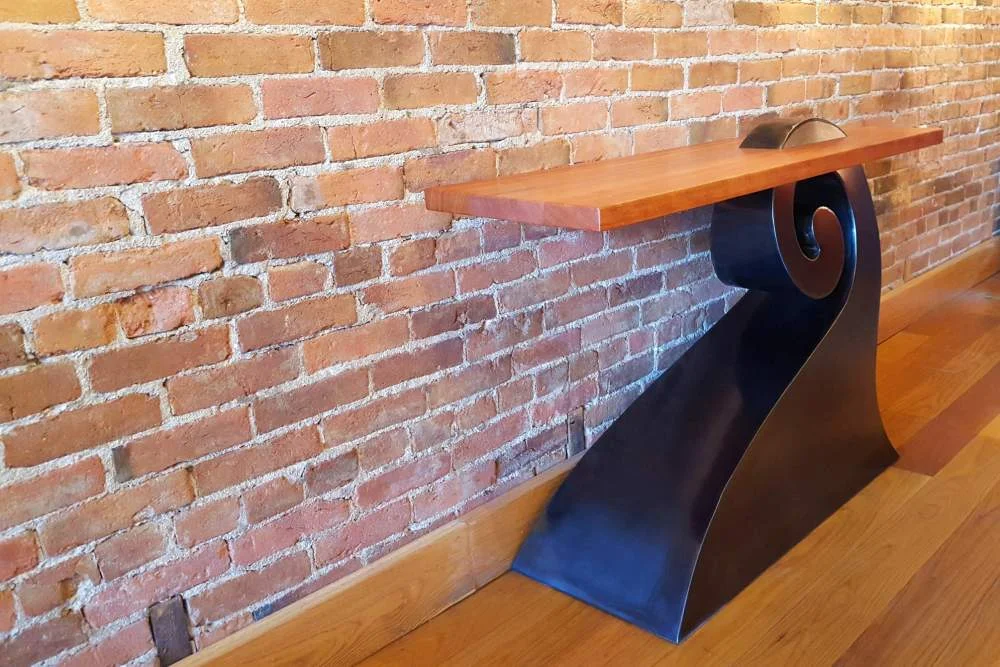 NEW ZEALAND KORU INSPIRED SOFA TABLE - RECLAIMED REDWOOD & STEEL