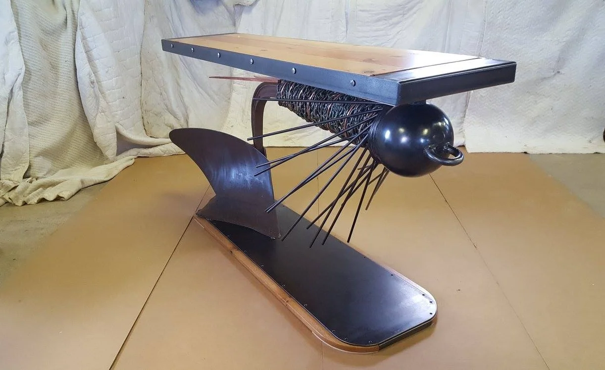 PRINCE BEADHEAD FLYFISHING SOFA TABLE-VINTAGE FARM PLOW & RECLAIMED BARNWOOD