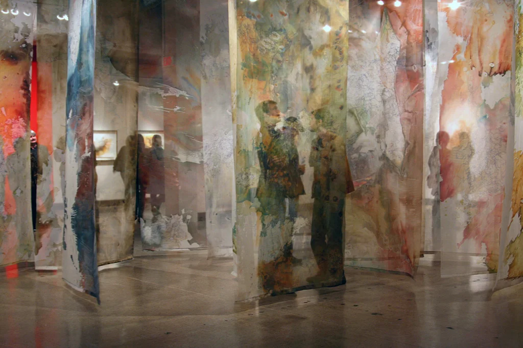 Maja Godlewska, Templates of Clouds, 2007, heat transfer on polyester mesh, 30'x40'x12''