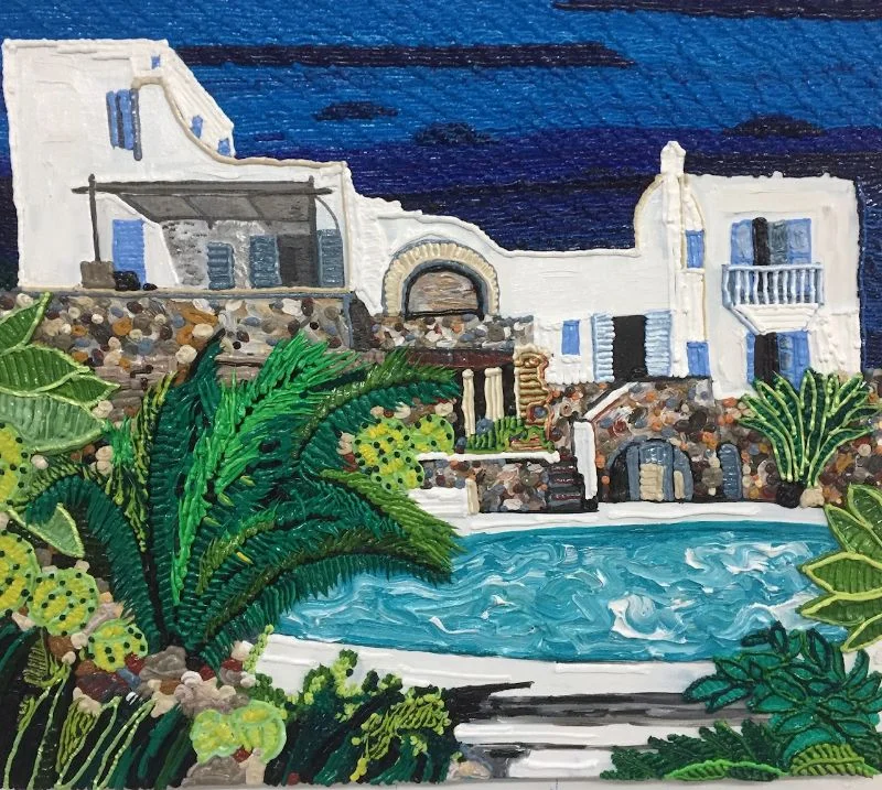 Caroline Larsen, Pool House in Mykonos, 2019. Oil on canvas, 68.6 x 78.7 cm (27 x 31 in).