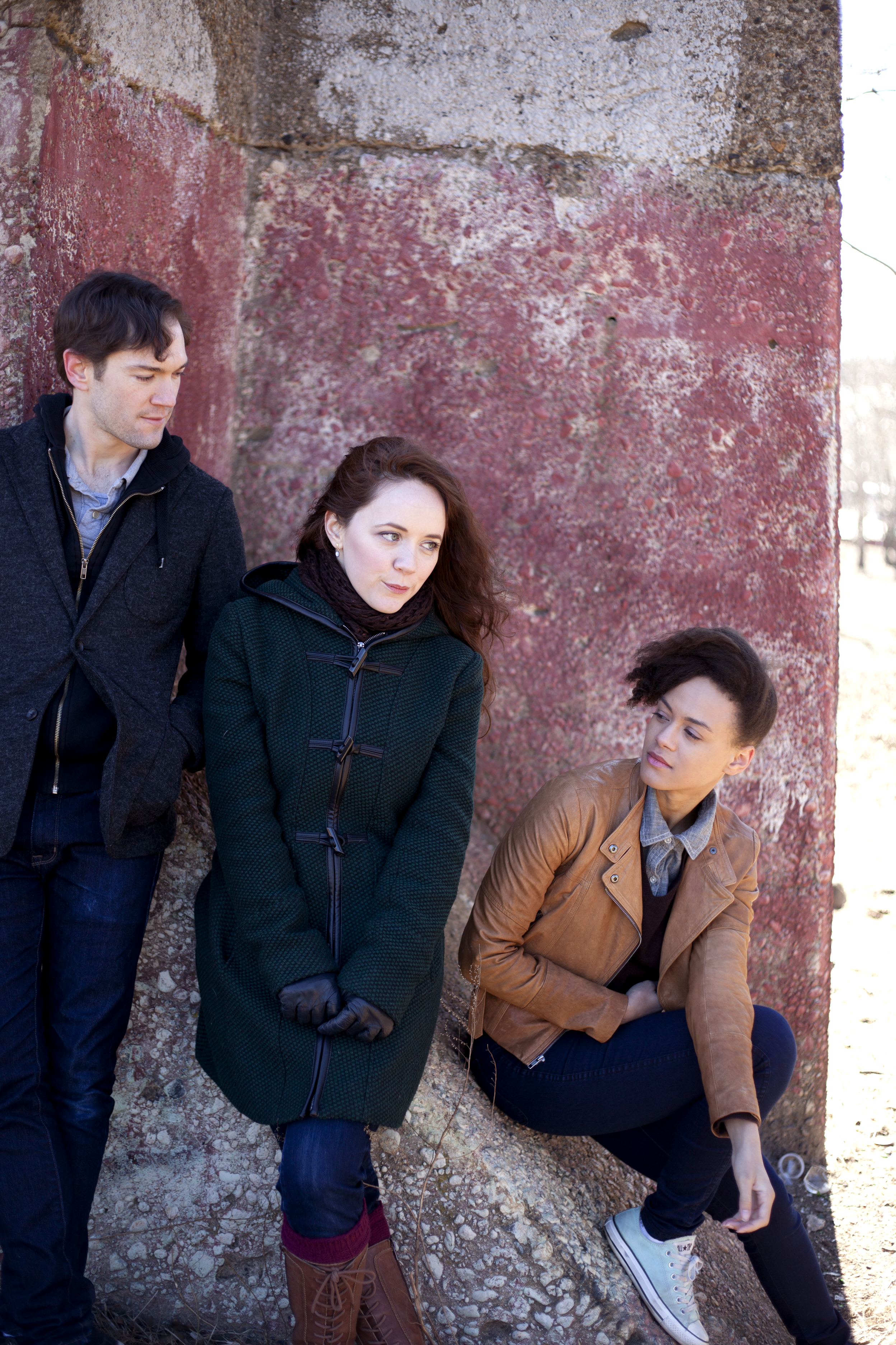 Promotional image for May Violets Spring featuring James Parenti, Gwenevere Sisco and Monique St. Cyr in Astoria Park. Photographs by Trish Phelps .