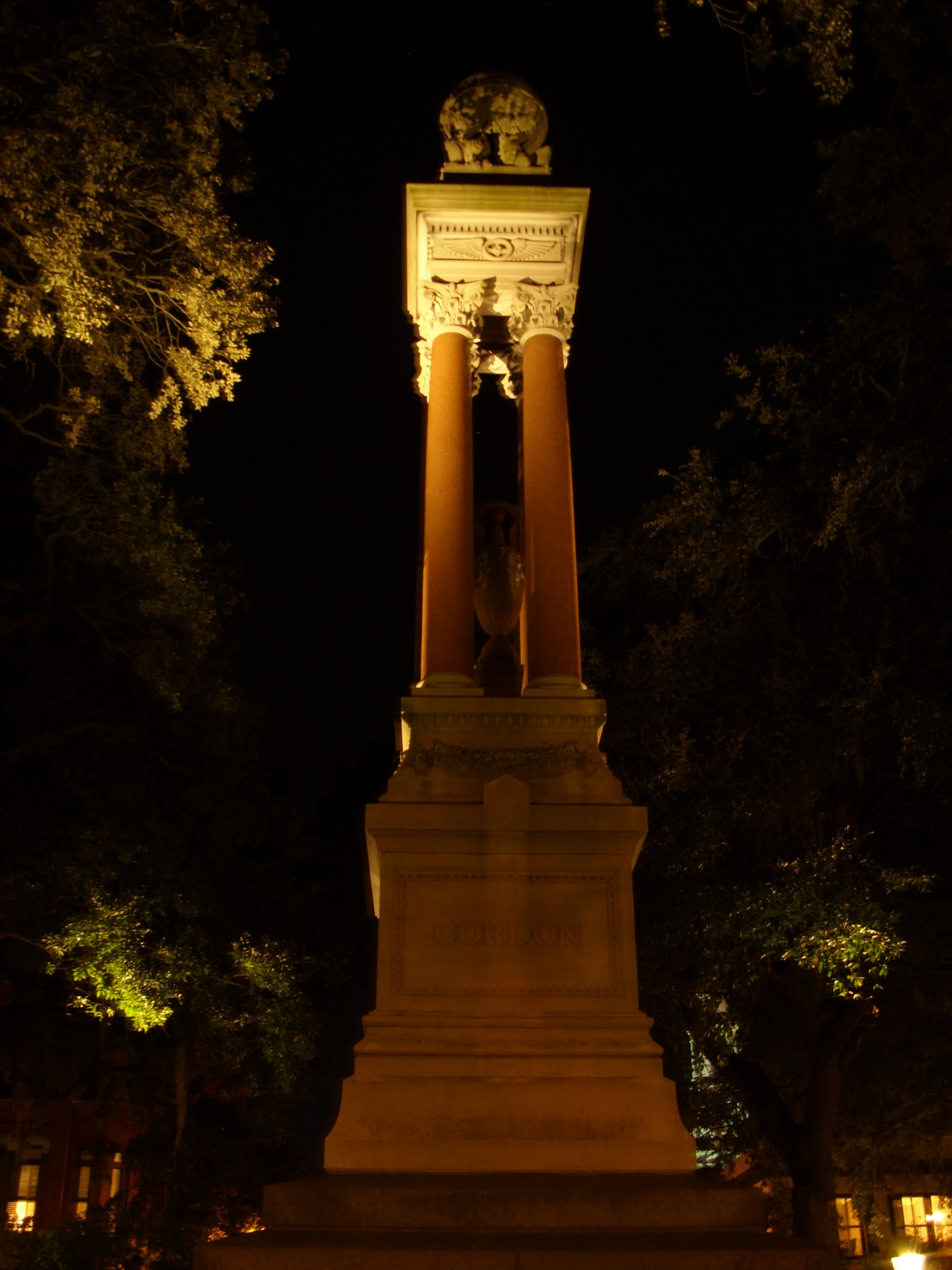  A nighttime shot of the Gordon monument in Wright Square. 