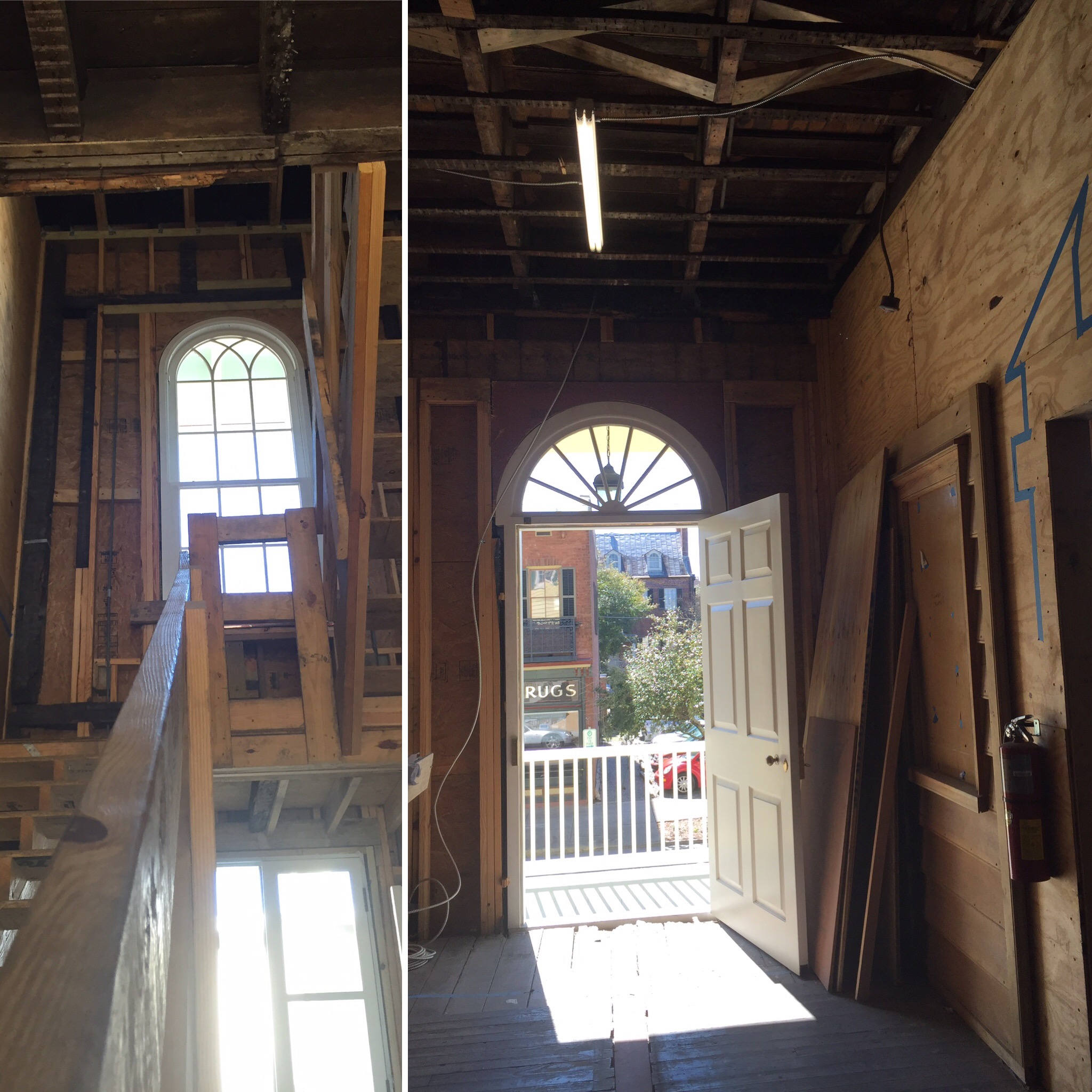 Left: looking toward the back of the house and the rebuilt central staircase. Right: Looking out the front door of the house.
