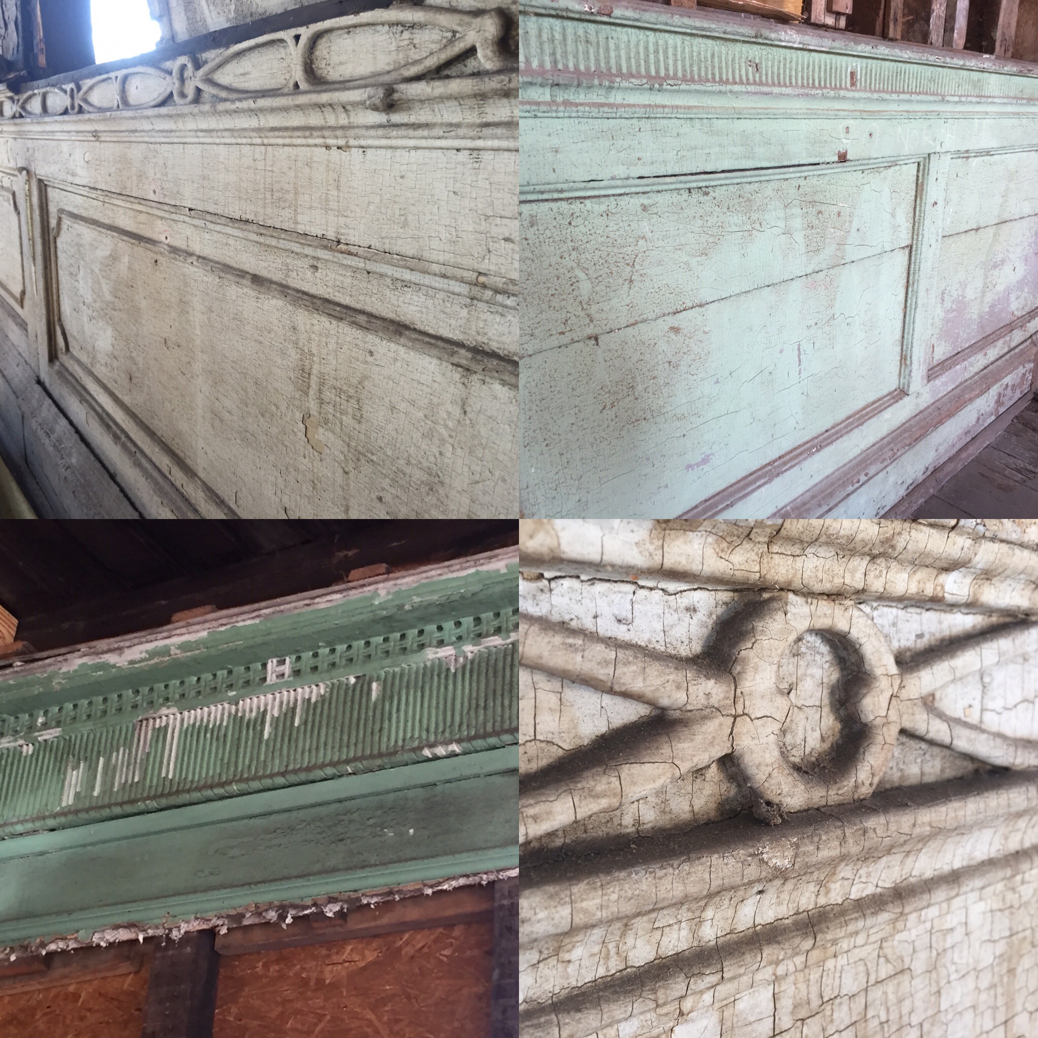 Top: two different styles of original wainscoting in the upstairs rooms. Bottom left: carved wood moulding around the ceiling of the upstairs ballroom. Bottom right: a closeup of the wooden wainscoting. 