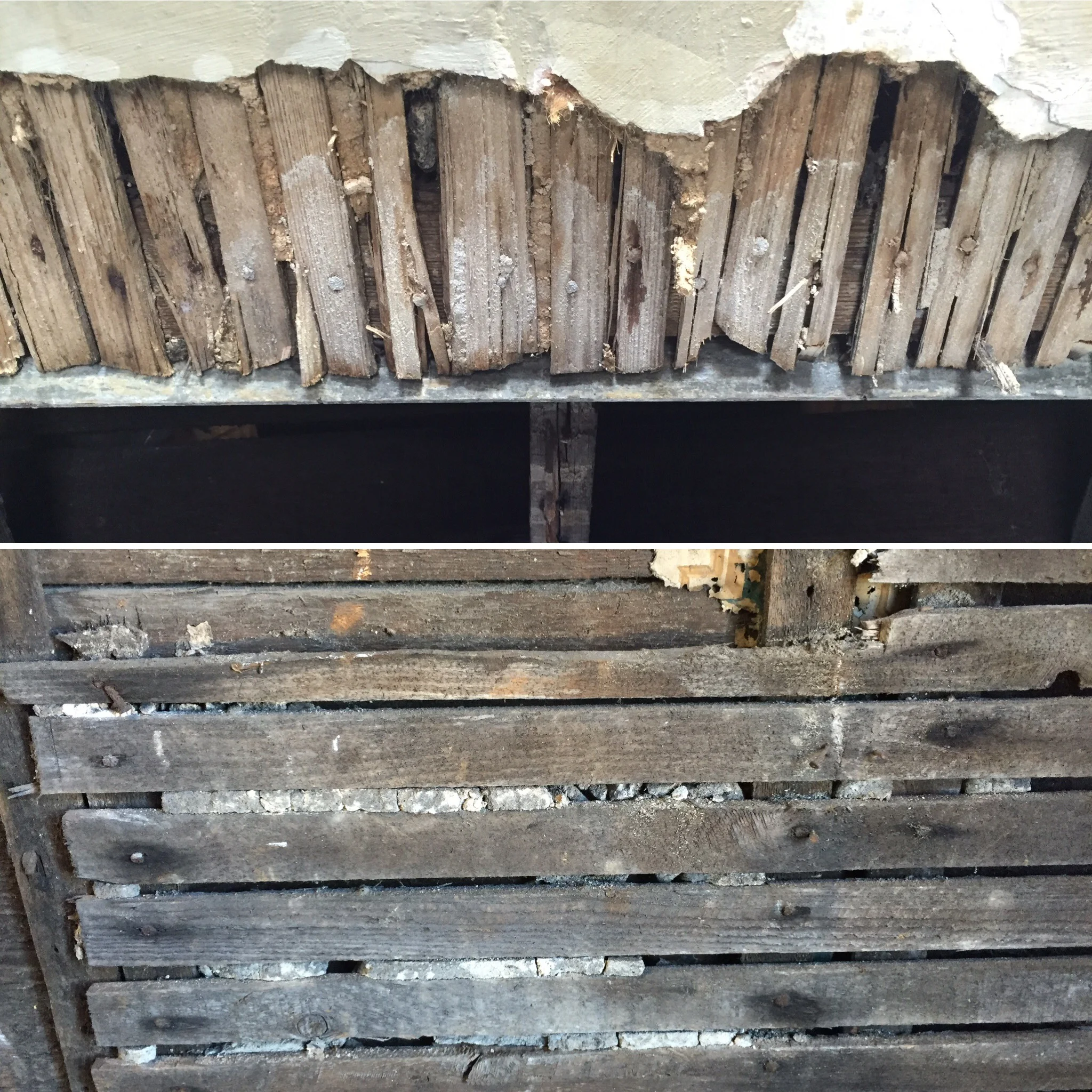 Exposed plaster and lath in the attic. Top: hand-cut wooden lath. Bottom: newer, machine-cut lath.