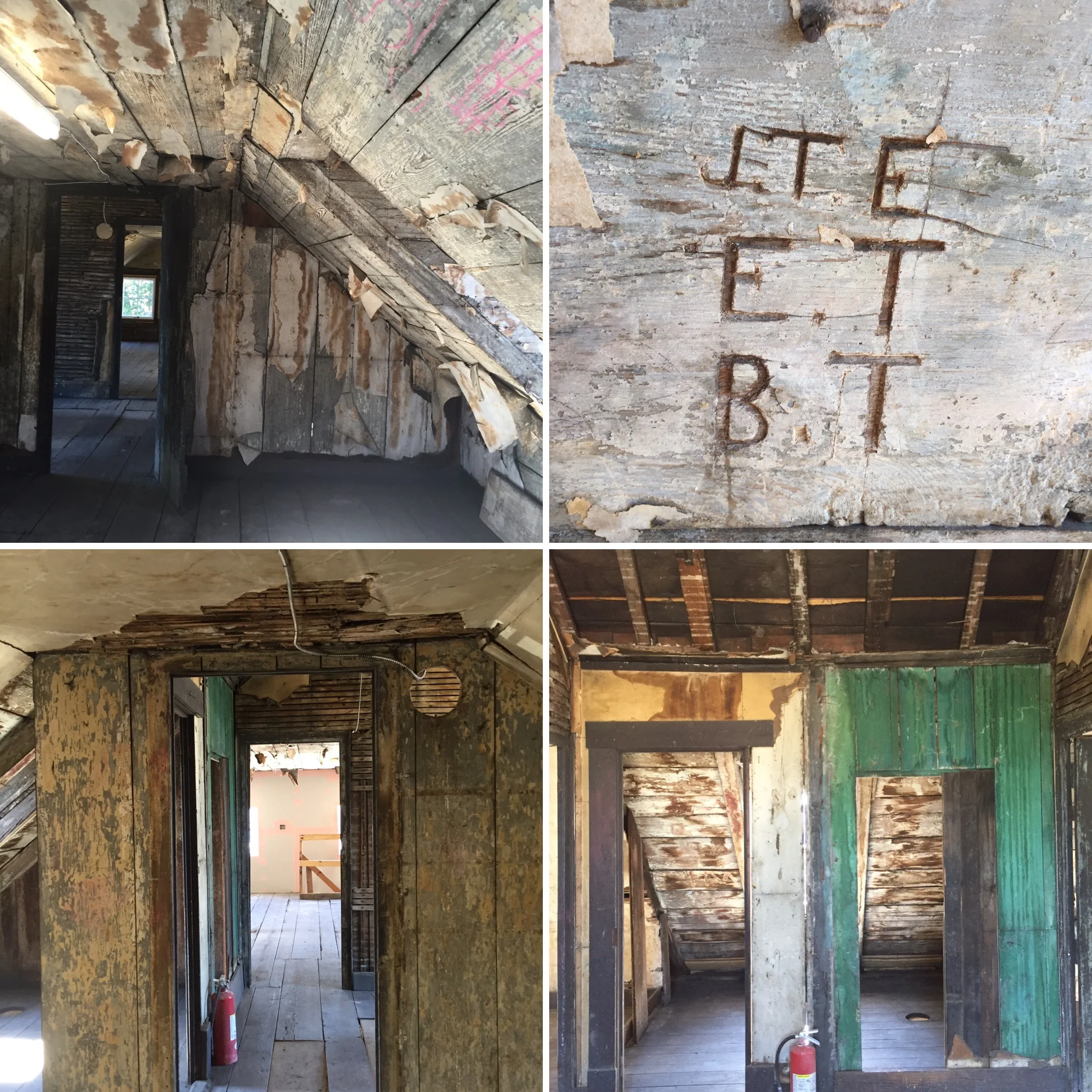 Three view of the attic, plus some initials carved inside one of the dormers.