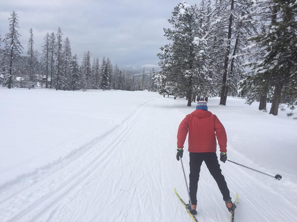  Jamie skate skis with her husband Doug on the pristine Whitefish nordic trails.