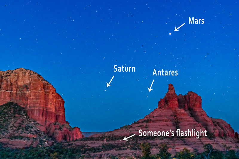 Details of previous photograph showing Mars, Saturn, and Antares