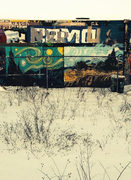  After a snow storm in 2014, we created our first mural on a legal free wall in Beverly: a rendition of two of Vincent Van Gogh’s famous paintings:  Wheat Field with Cypresses &nbsp;and  the starry night .&nbsp;  