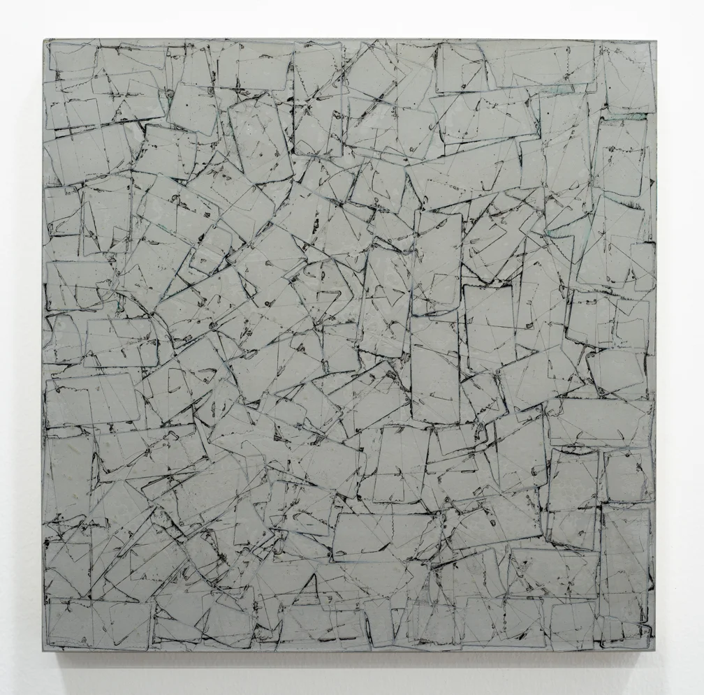 UNBROKEN 14 Study 2018 10" x 10" Scotch tape, plexiglass, india ink, glue and oil on wood panel
