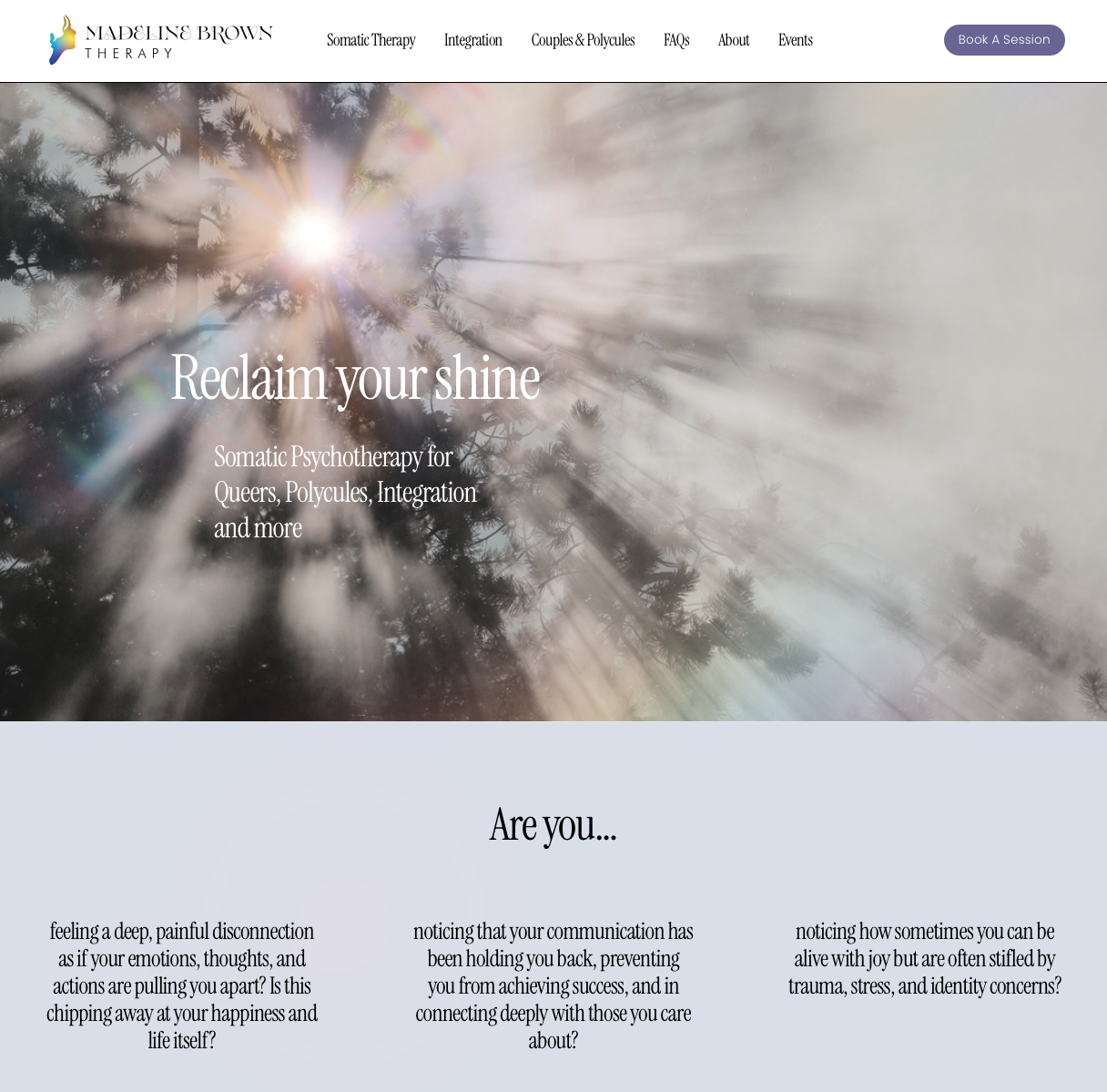 Website screenshot with magical light pouring through trees
